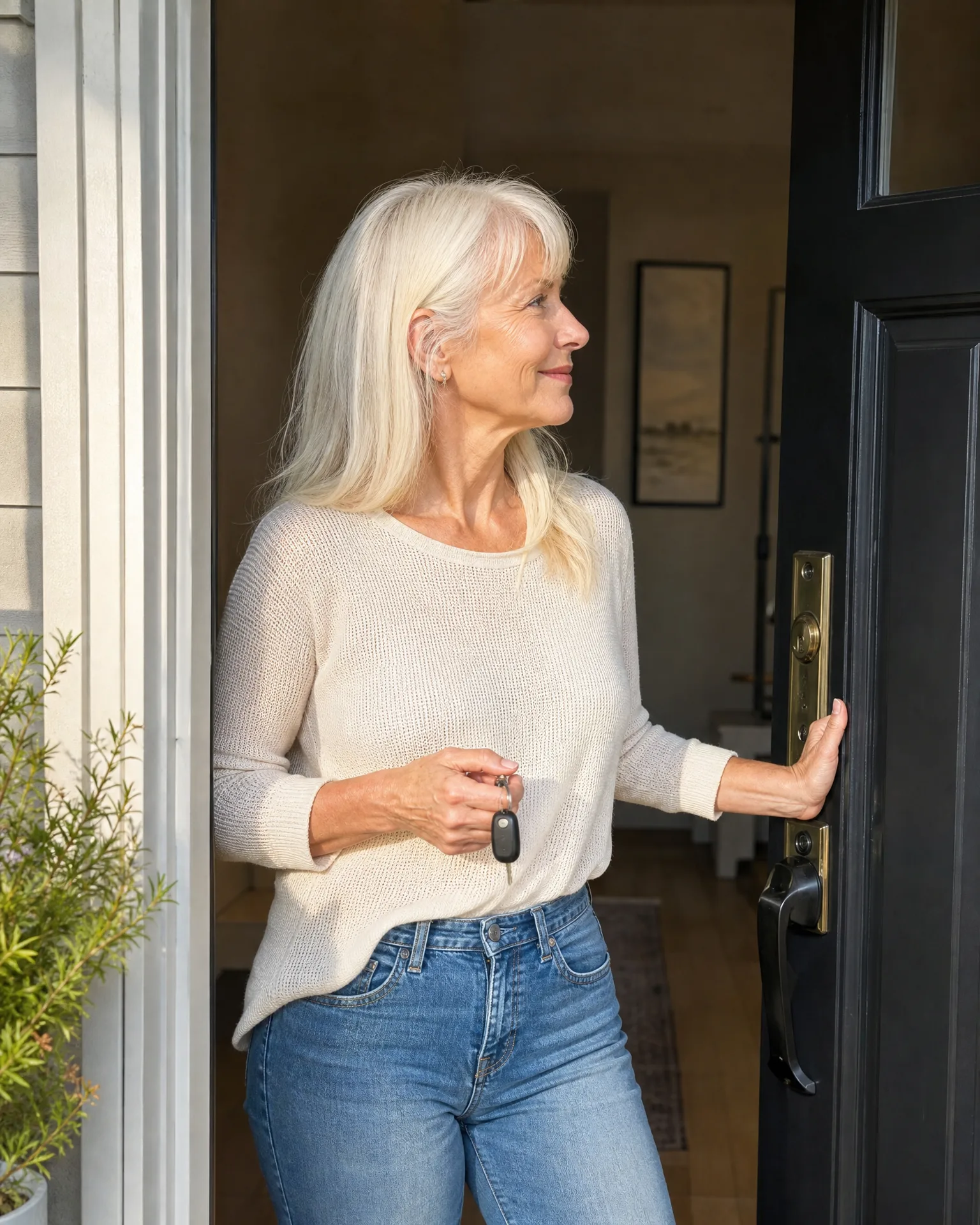 A woman with long white hair in a cream sweater and blue jeans holds a key and stands in an open dark-painted front doorway, looking to her right.