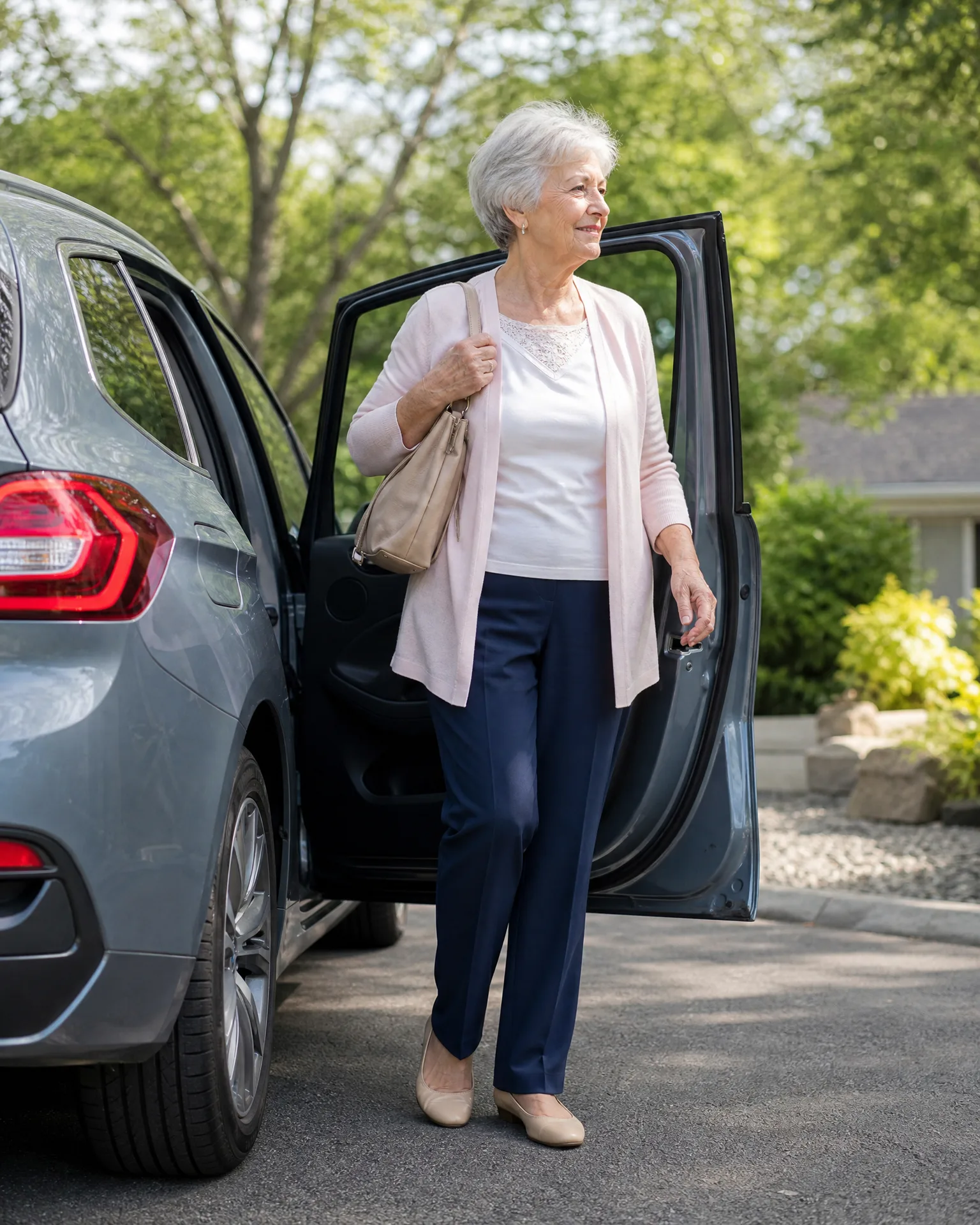 An older woman with white hair, wearing a pink cardigan, white top, navy trousers and beige flats, steps out of an open rear door of a gray car on a paved driveway with green trees and a house in the background.