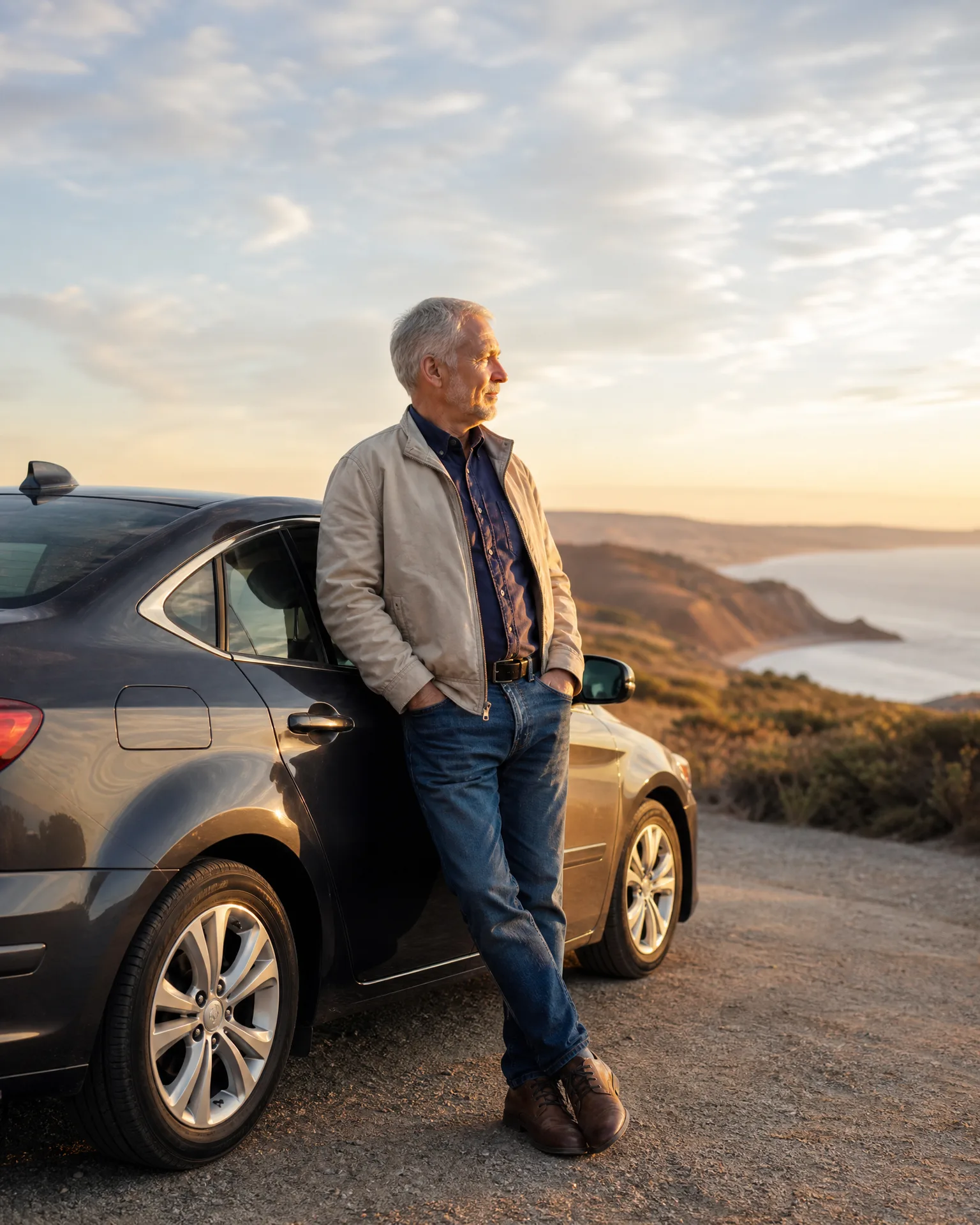 A gray-haired man in a beige jacket and jeans leans against a dark sedan on a gravel pull-off, hands in pockets, looking toward a coastline with cliffs and sea under a cloudy sky.