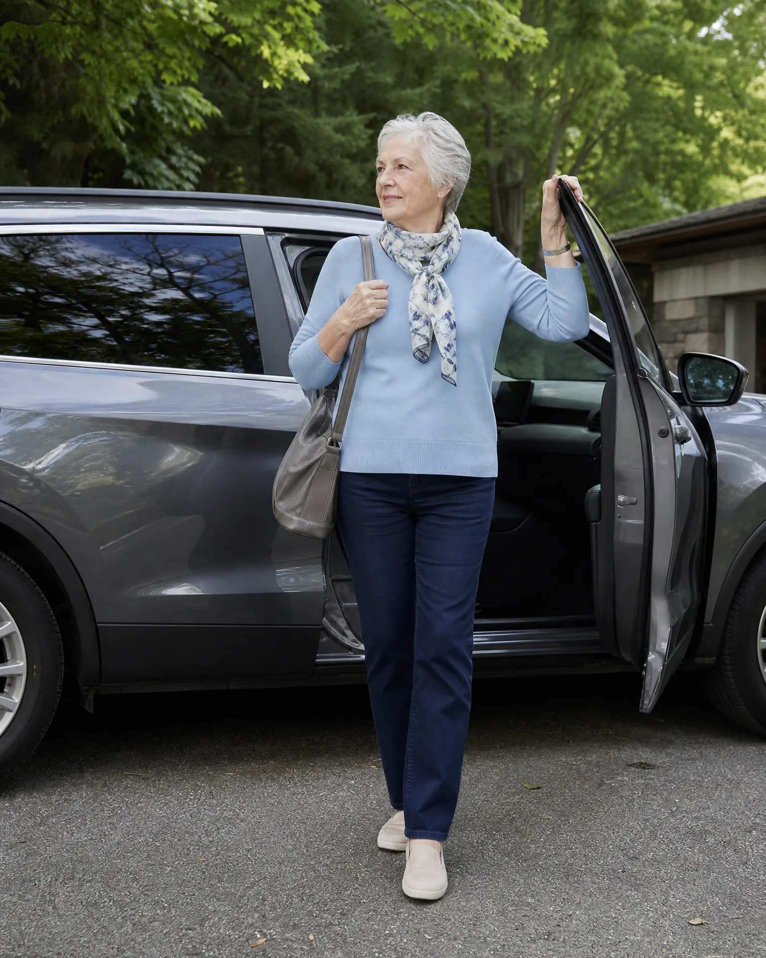 A woman with short gray hair, wearing a light blue sweater, patterned scarf, dark jeans and beige slip-on shoes, steps out of a gray SUV while holding the open door, with a shoulder bag and green trees behind her.