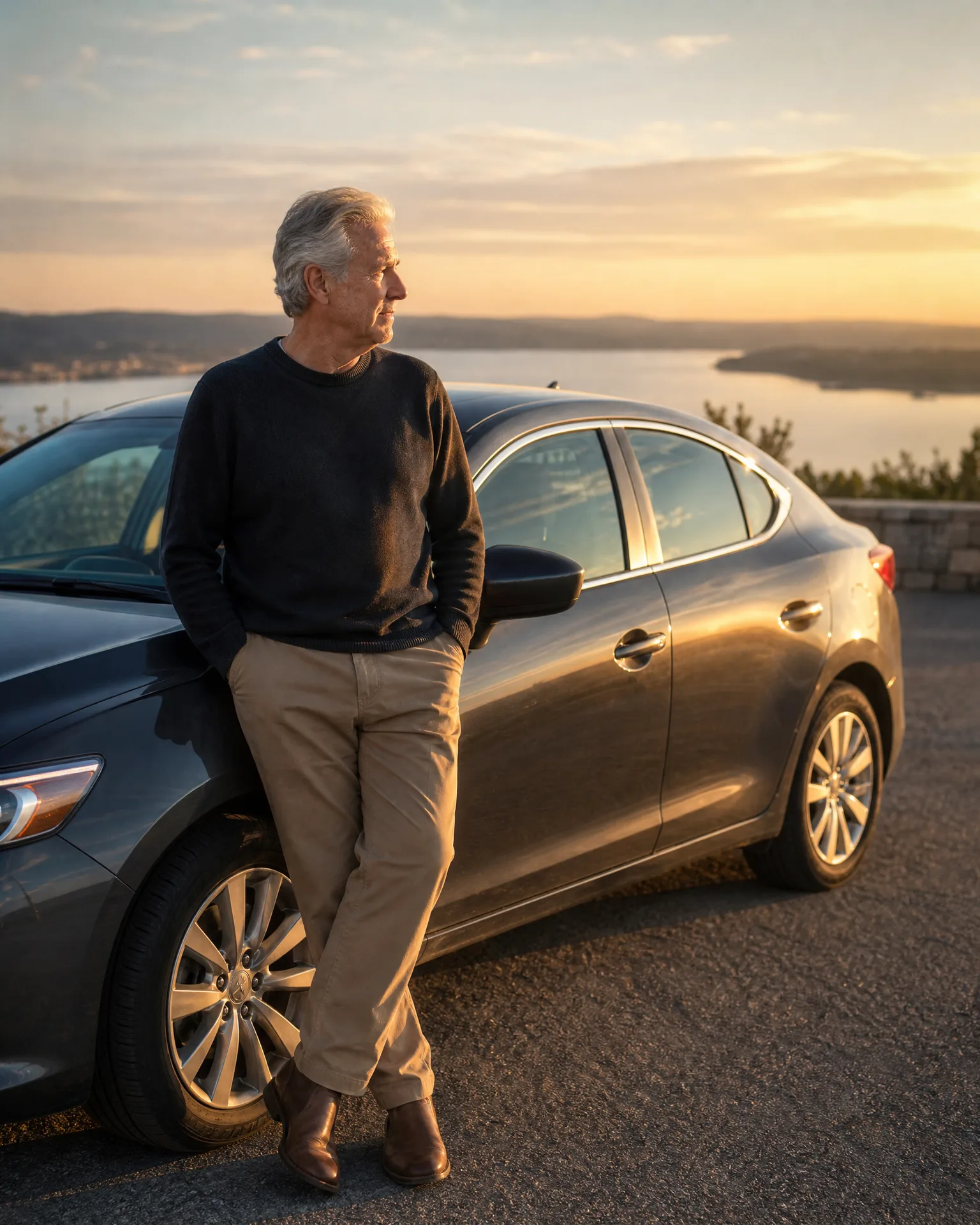 A gray-haired man in a dark sweater and tan trousers leans against the side of a dark gray sedan parked on pavement, with a large body of water and distant hills behind him at sunset.