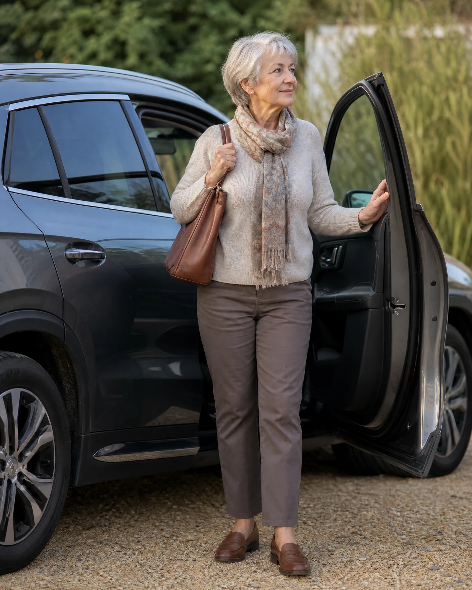 An older woman with short white hair, wearing a cream sweater, patterned scarf, brown trousers and loafers, holds a tan shoulder bag while standing beside the open door of a dark grey SUV on gravel, with grasses and shrubs behind.