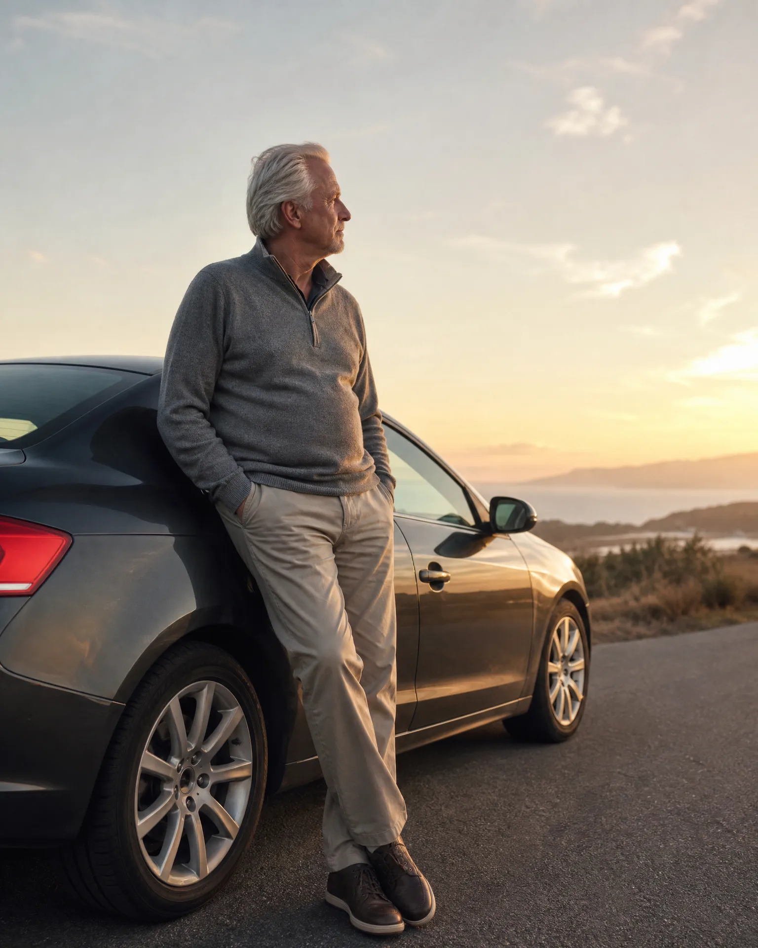 An older man with white hair in a gray quarter-zip sweater and light trousers leans against a dark sedan parked on a paved road, looking toward a coastline and hills at sunset.