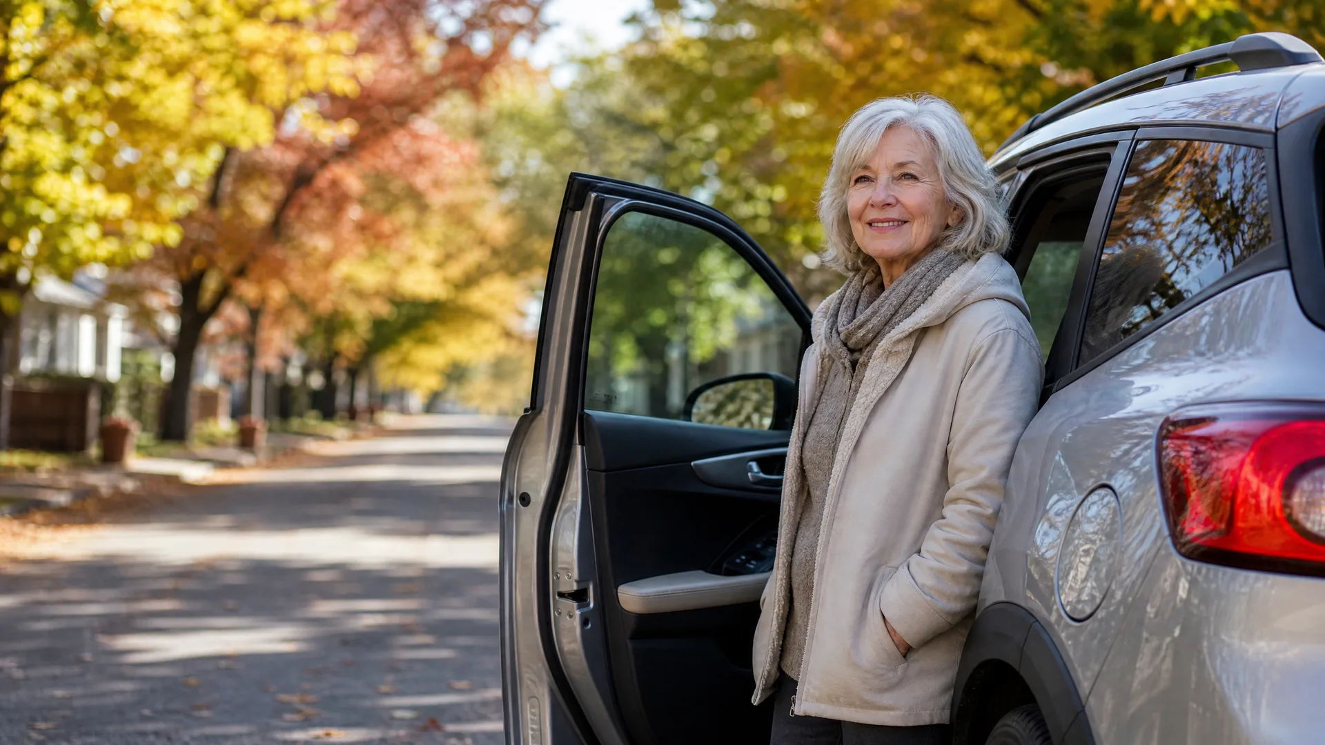 An older woman with white hair, wearing a cream jacket and scarf, stands beside the open door of a silver SUV on a residential street lined with trees in autumn colour.