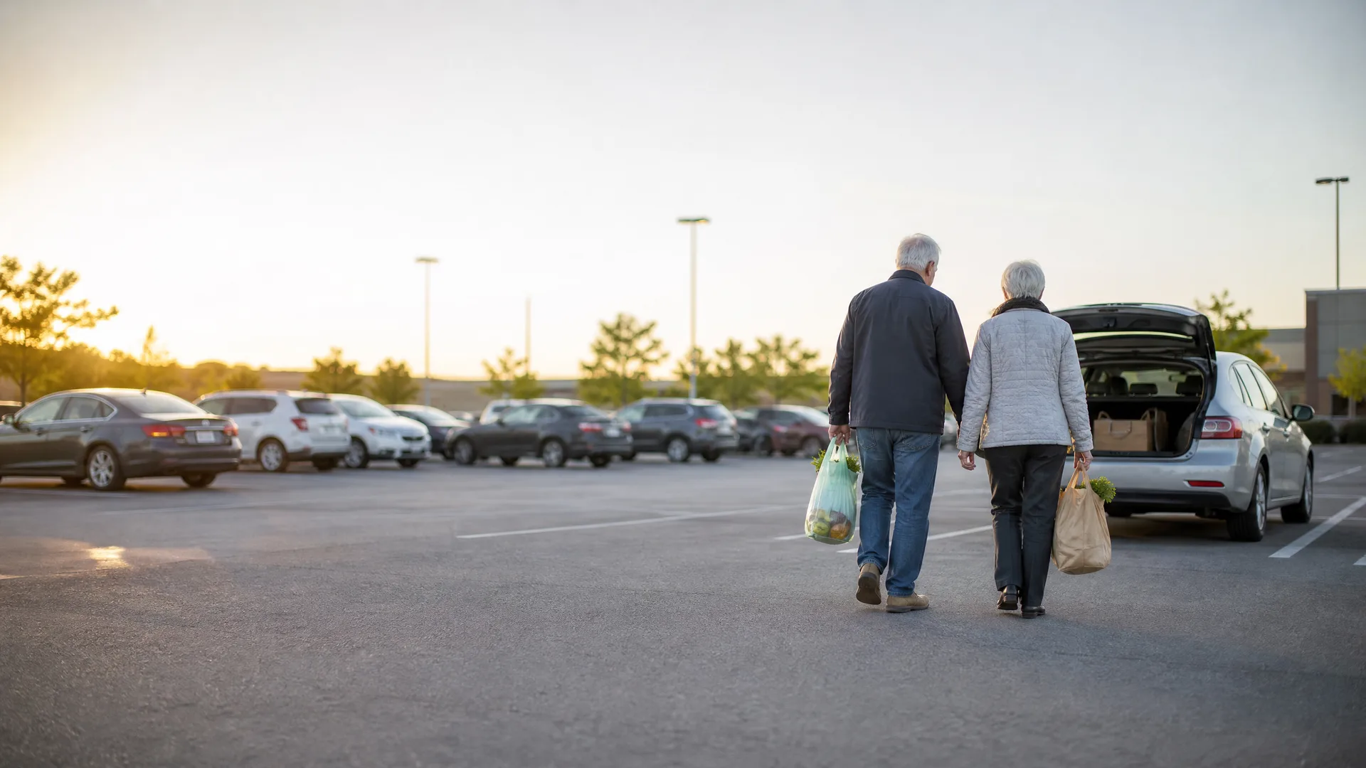 An older man and woman carrying grocery bags walk away from the camera across a parking lot toward a silver station wagon with its tailgate open, with parked cars and light poles in the background at dusk.