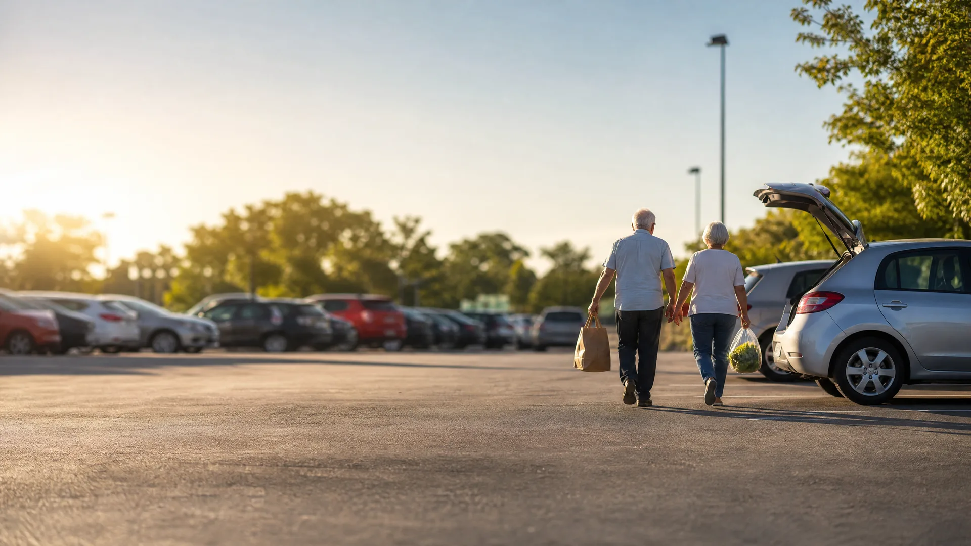An older man and woman carrying grocery bags walk across a parking lot toward a silver hatchback with its rear hatch open, with rows of parked cars, trees and a light pole in the background under low sun.