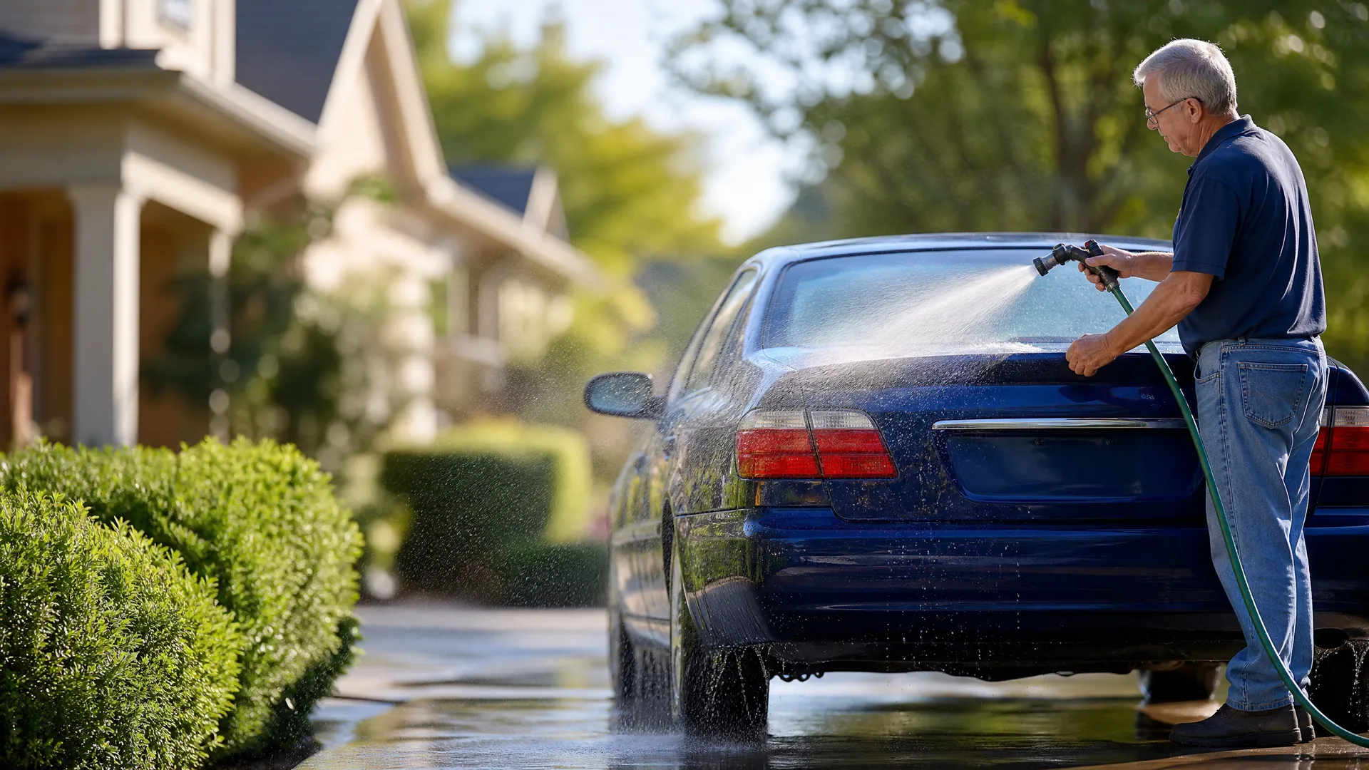 A man sprays water from a hose nozzle onto the rear of a dark blue sedan parked on a wet driveway, with trimmed hedges and a light-colored house blurred in the background.