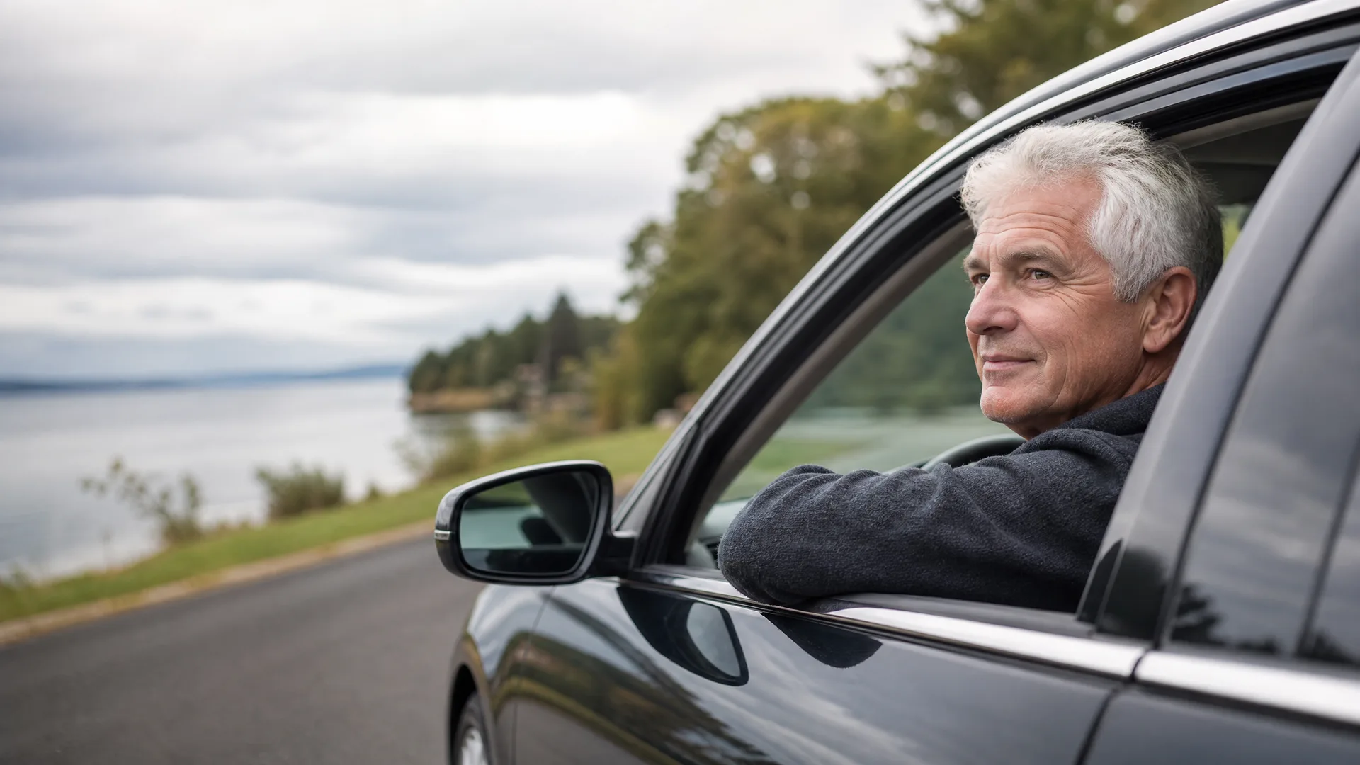 A gray-haired man rests his arm on the open window of a dark car parked on a road beside a large body of water, with trees and an overcast sky behind.