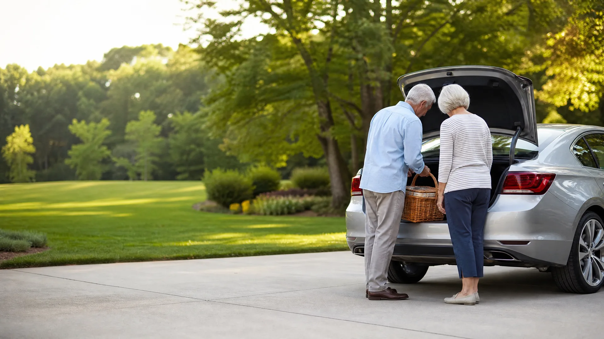 An older man and woman stand at the open trunk of a silver sedan on a concrete driveway, loading a wicker basket, with a lawn and leafy trees behind them.