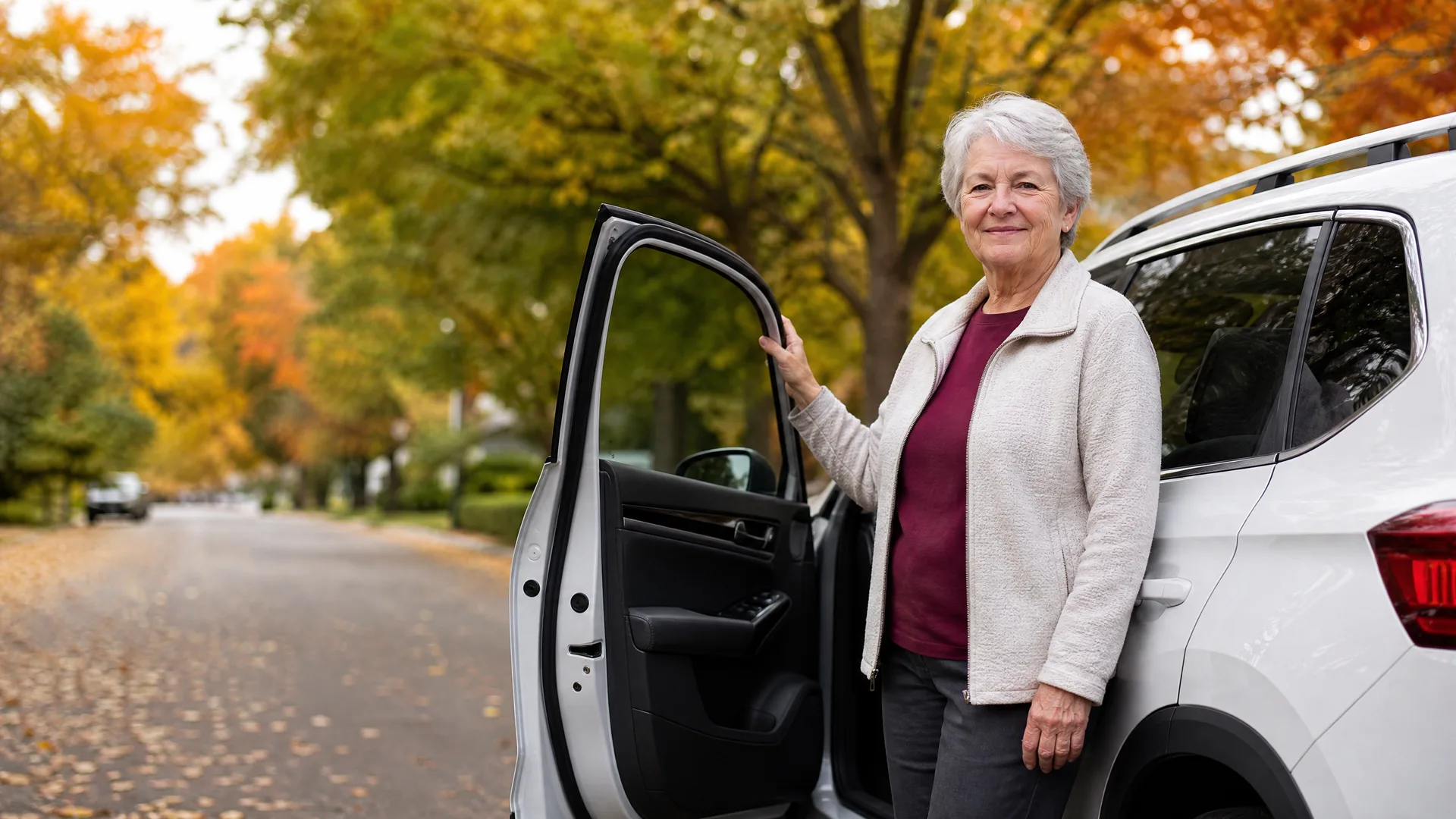 An older woman with short gray hair, wearing a cream fleece jacket over a maroon top, stands beside an open door of a white SUV on a tree-lined street with autumn foliage.