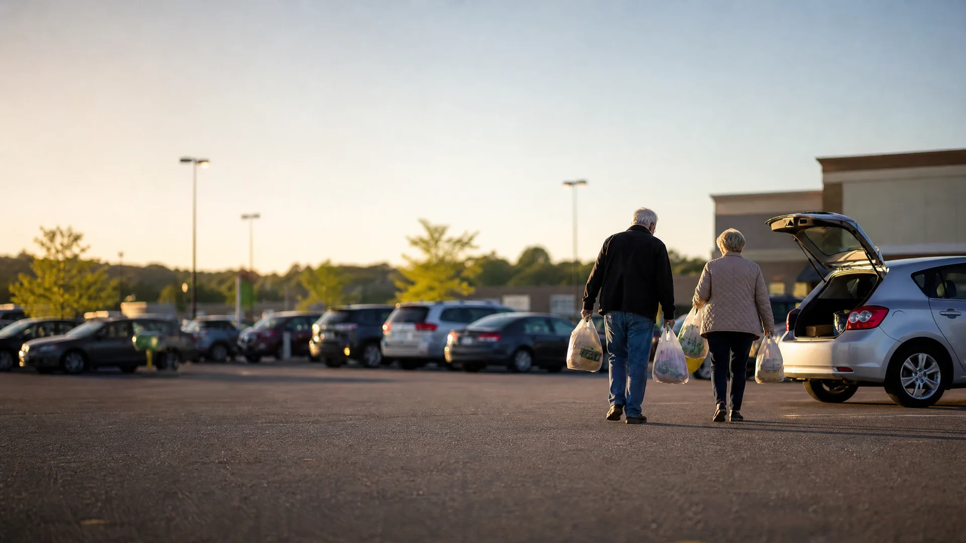 Two people carrying plastic shopping bags walk across a parking lot at low sun toward a silver hatchback with its rear hatch open, with parked cars, light poles and trees in the background.