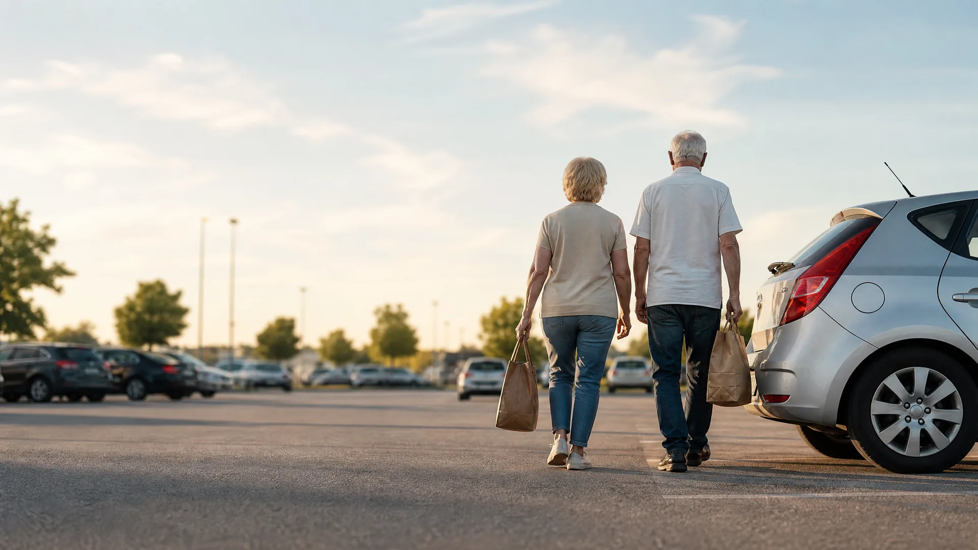 Two older people seen from behind walking across a parking lot carrying paper bags, with a silver hatchback at right and rows of parked cars and trees in the distance.