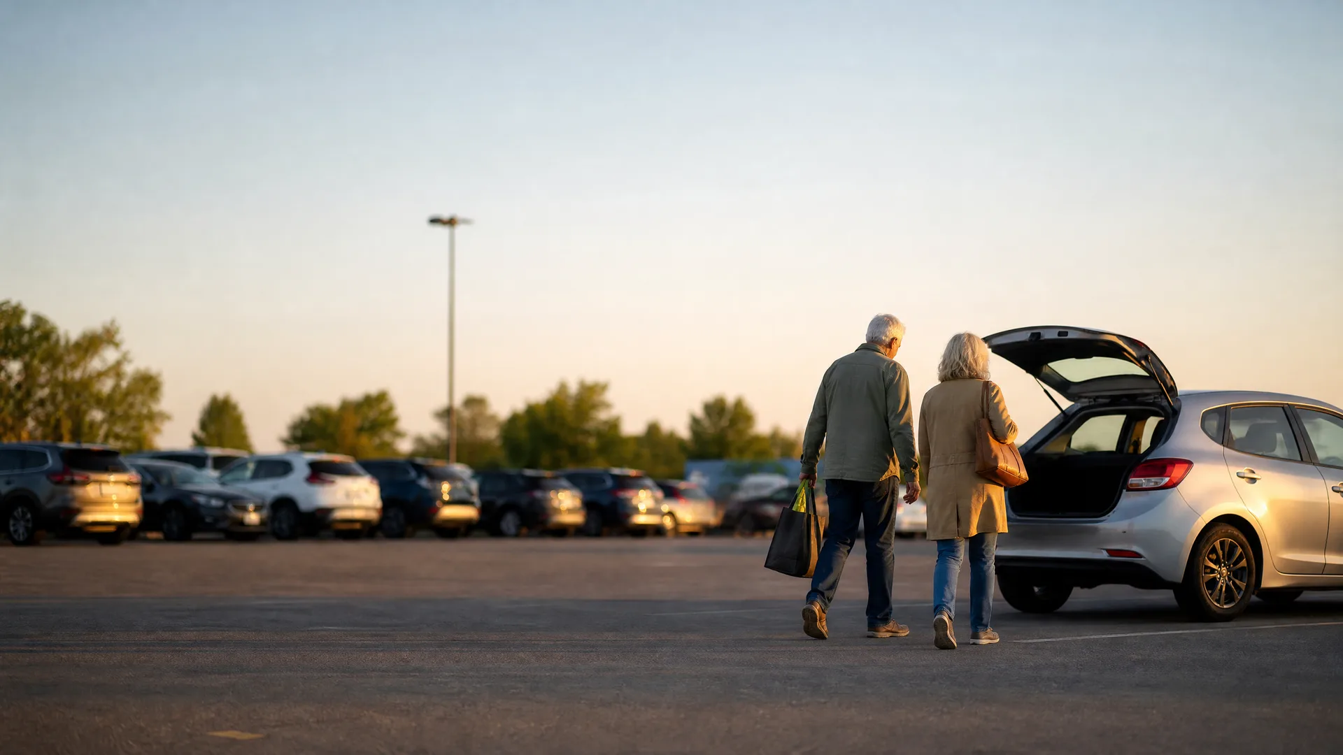 An older man and woman carrying bags walk toward a silver hatchback with its tailgate open in an open parking lot at sunset, with a row of parked cars and trees in the background.