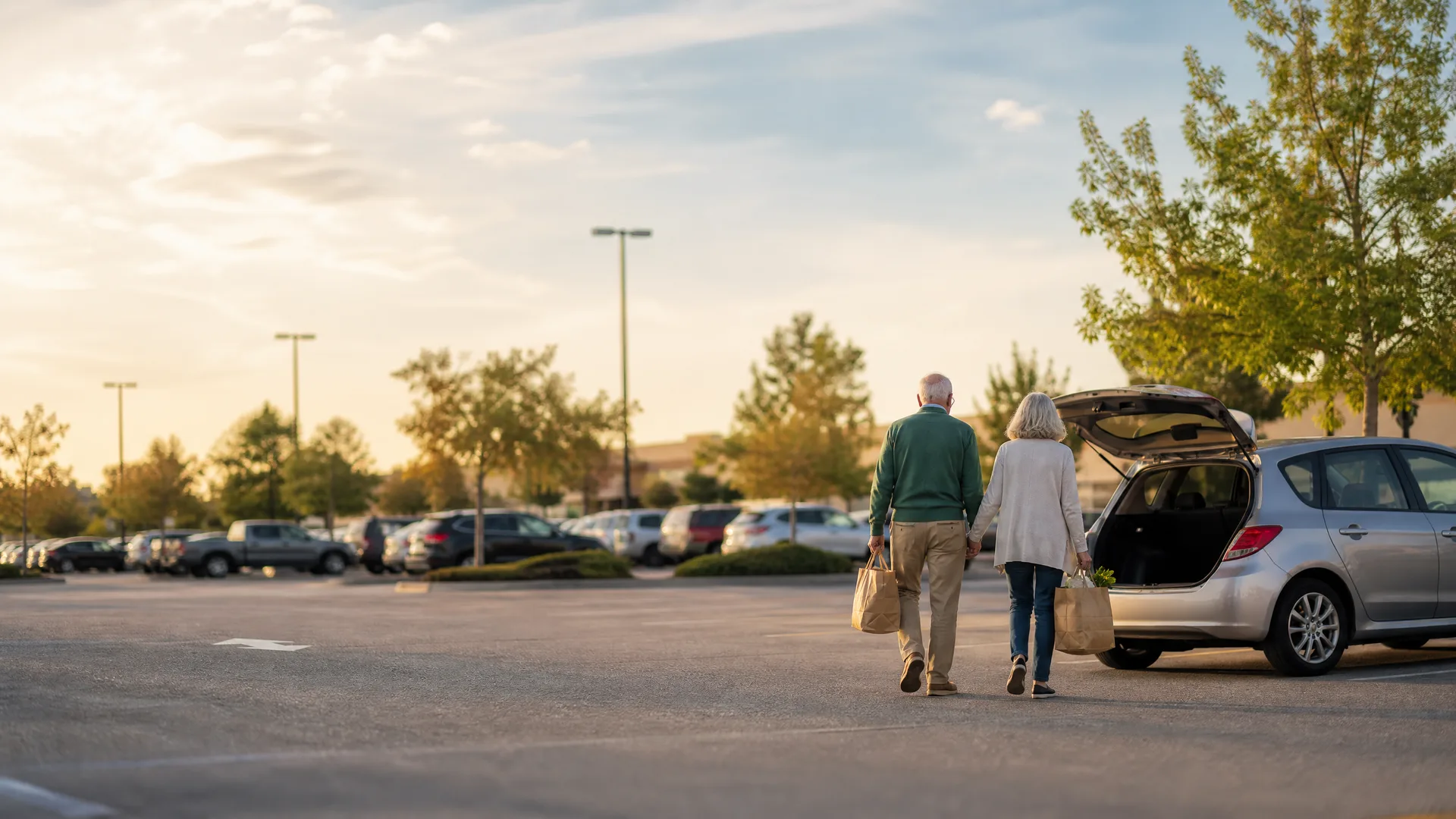 Two people carrying paper shopping bags walk away from the camera across a parking lot toward a silver hatchback with its rear hatch open, with parked cars, trees and light poles in the background under a bright hazy sky.