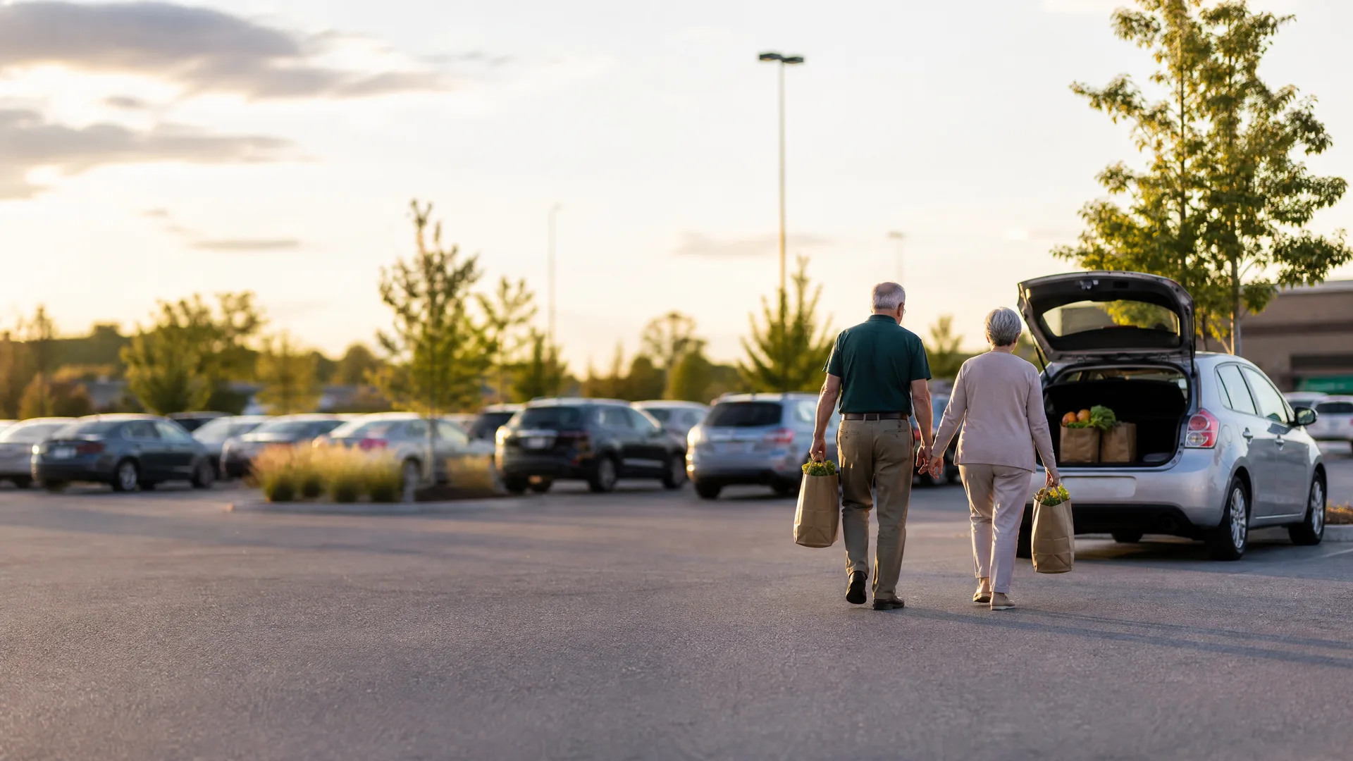An older couple carrying paper grocery bags walks away from the camera across a parking lot toward a silver hatchback with its rear hatch open and bags inside, with parked cars and young trees in the background at sunset.
