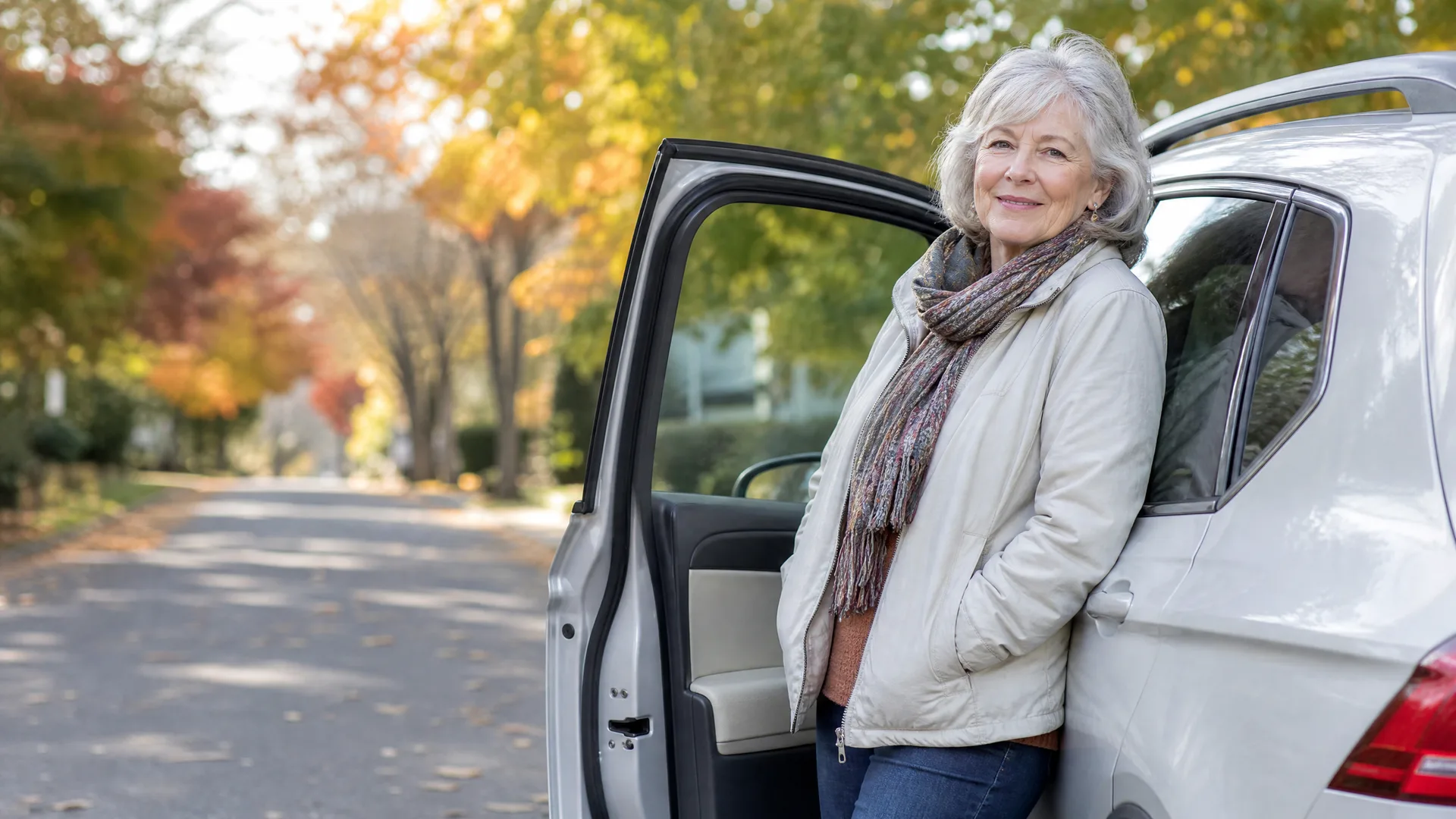 An older woman with white hair, wearing a cream jacket and patterned scarf, leans against a white car with the rear door open on a tree-lined street with autumn foliage.