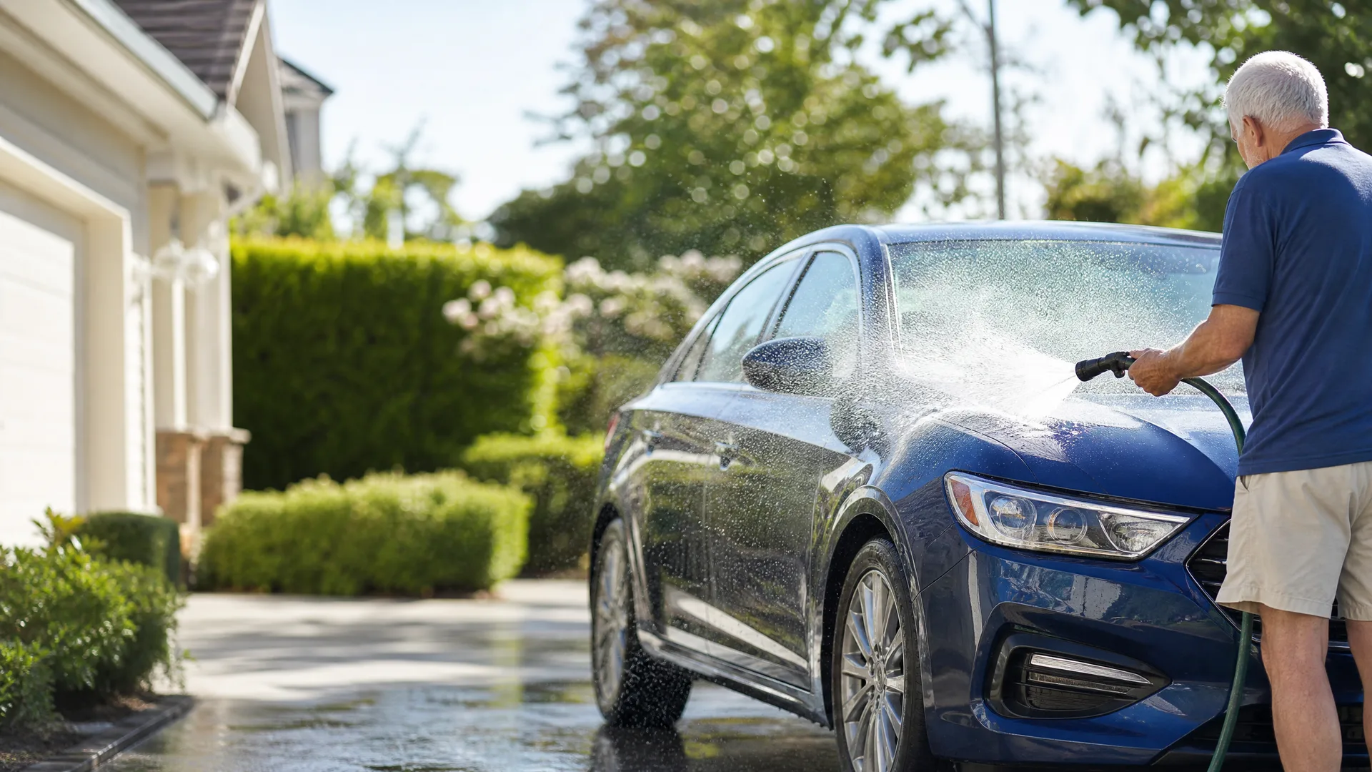A man in a blue shirt and khaki shorts sprays water from a hose nozzle onto a blue sedan parked on a driveway beside a garage and trimmed hedges.