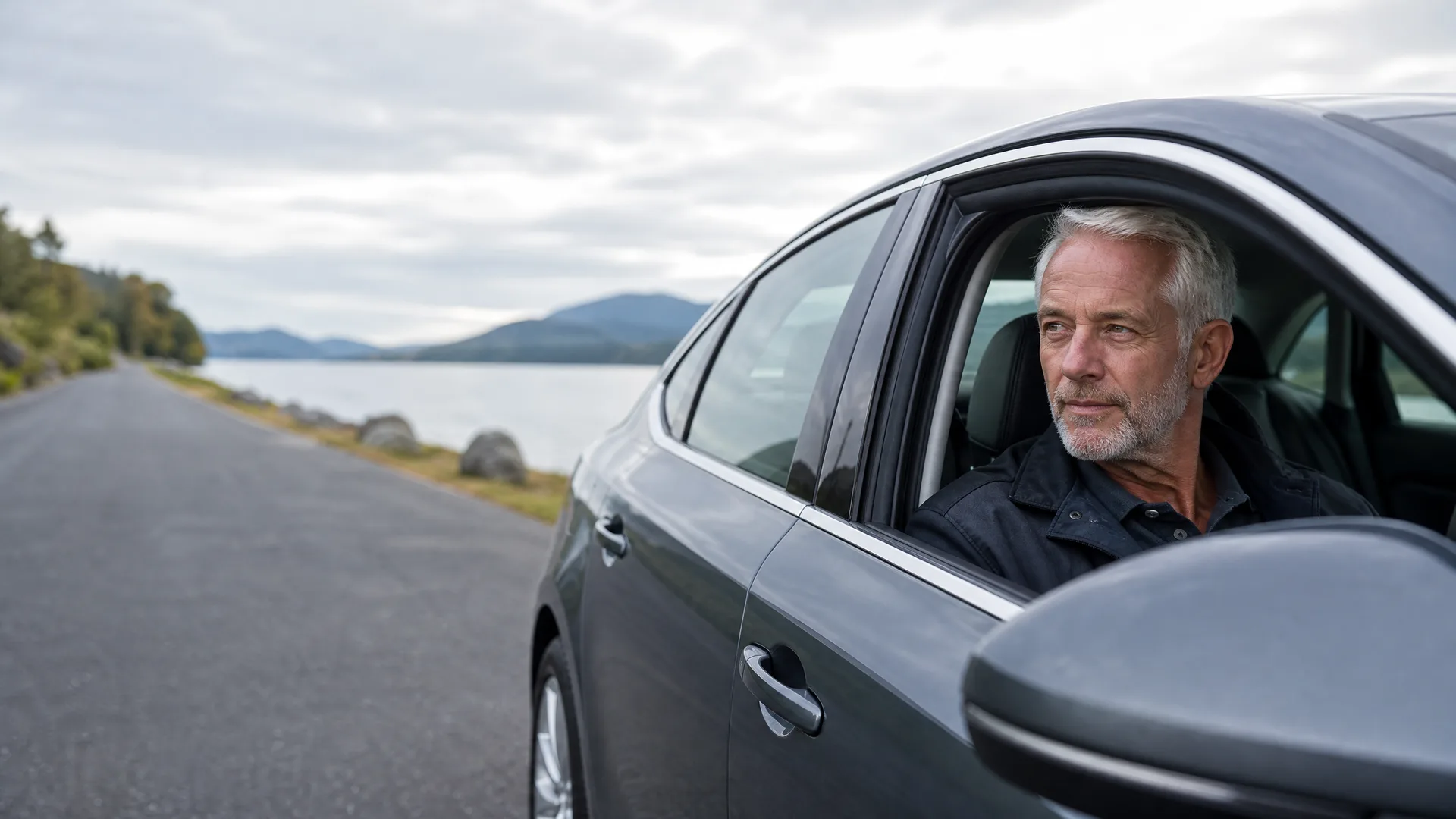 A grey-haired man with a beard sits in the driver's seat of a dark car with the window down, parked on a roadside beside a lake with hills and overcast sky in the background.