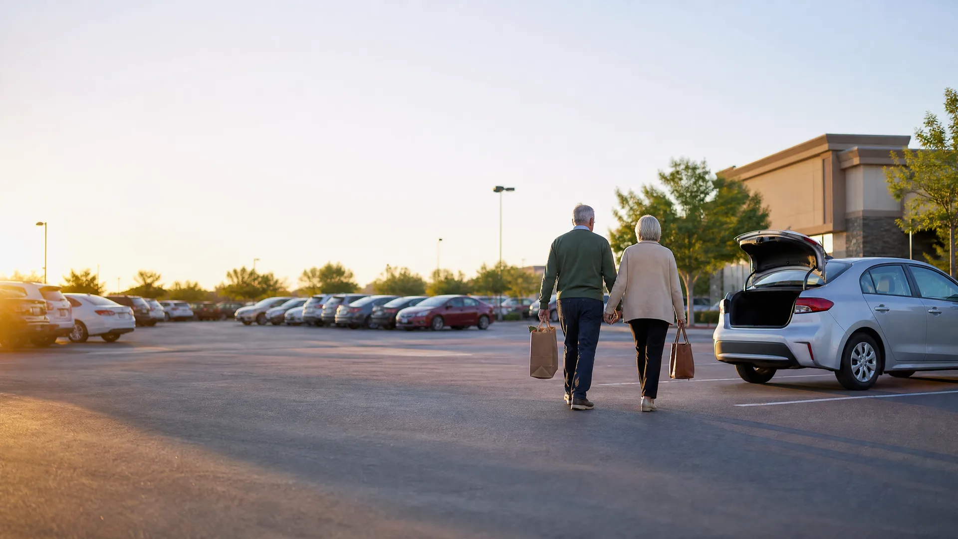 An older couple holding hands and carrying bags walks across a parking lot toward a silver car with its hatchback open, with rows of parked cars and a building in the background at sunset.