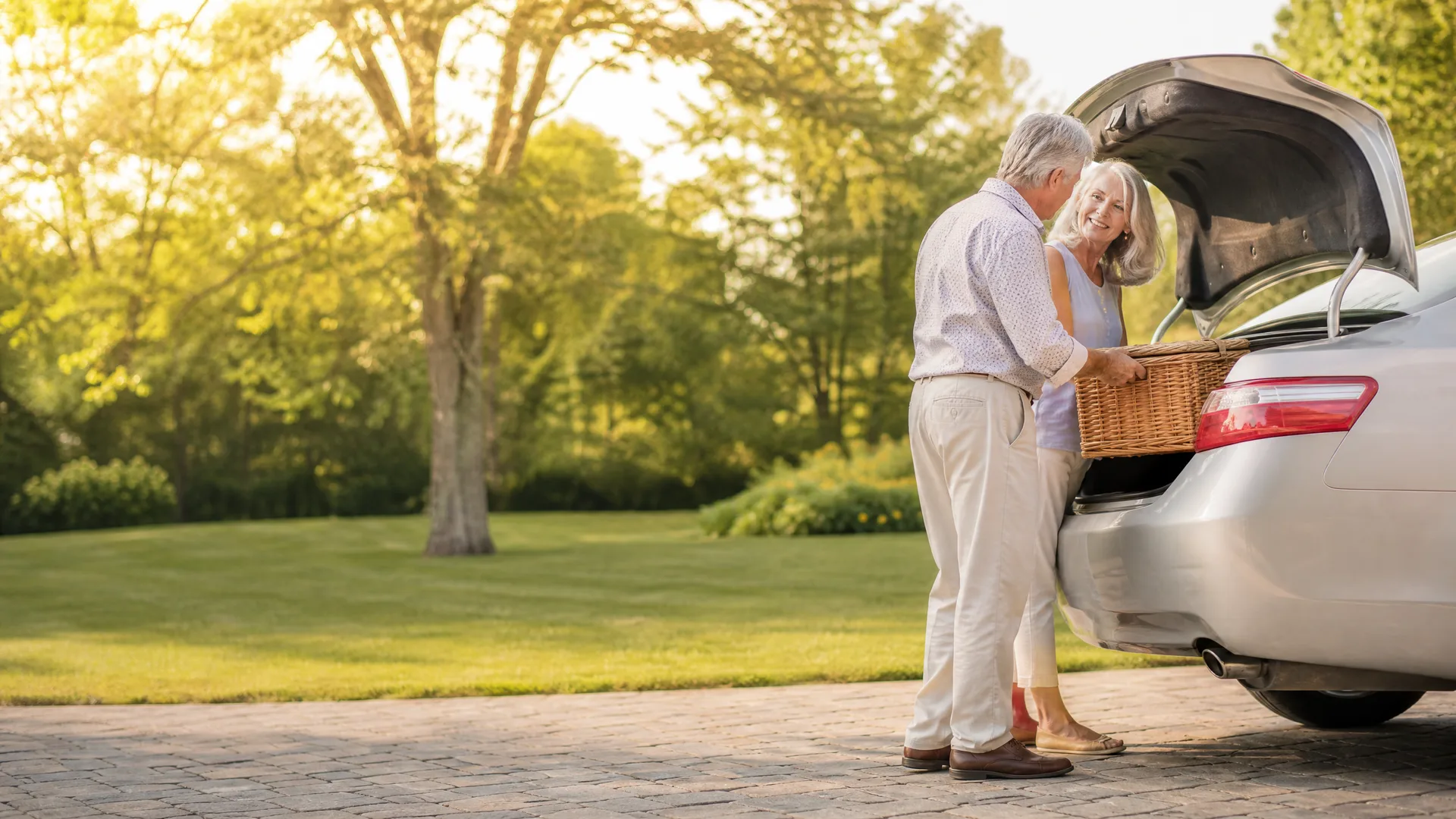 An older couple places a wicker basket into the open trunk of a silver sedan parked on a paved driveway beside a lawn and trees.