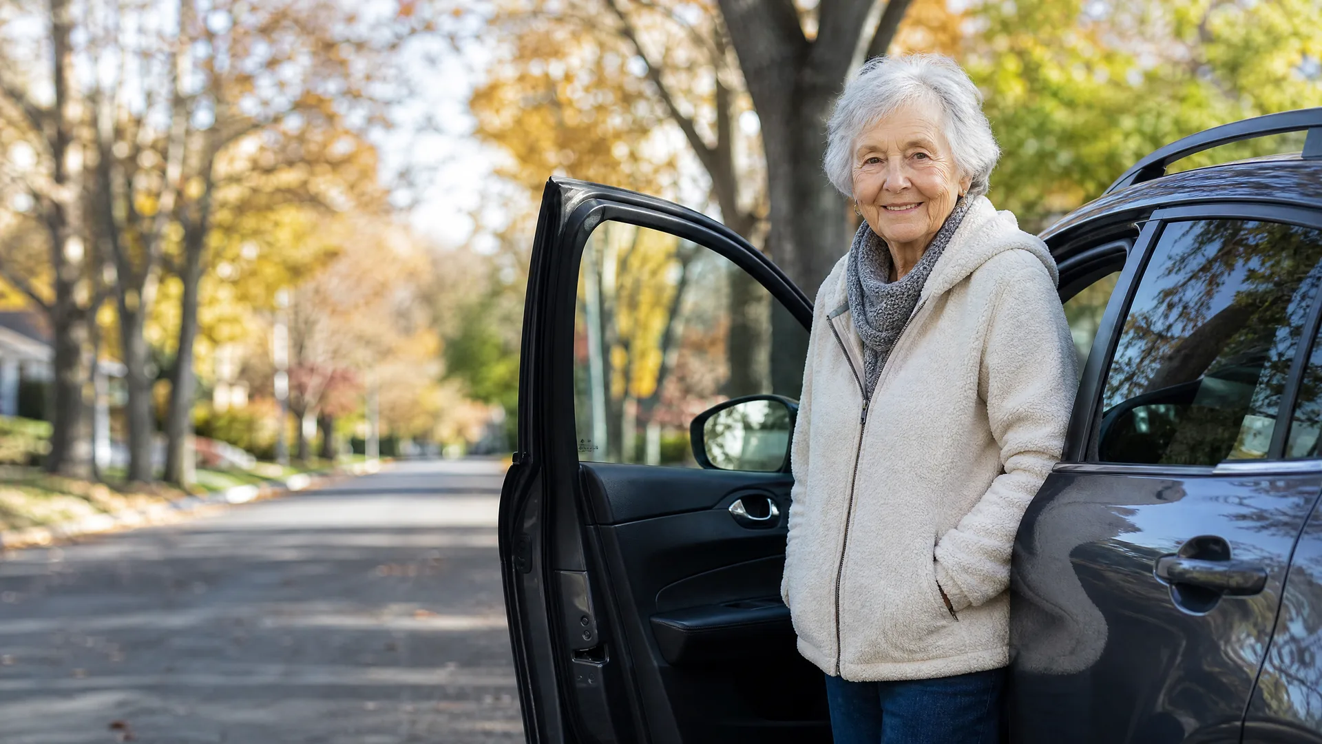 An older woman with white hair, wearing a cream fleece jacket and grey scarf, stands beside the open driver's door of a dark car on a residential street lined with autumn-coloured trees.