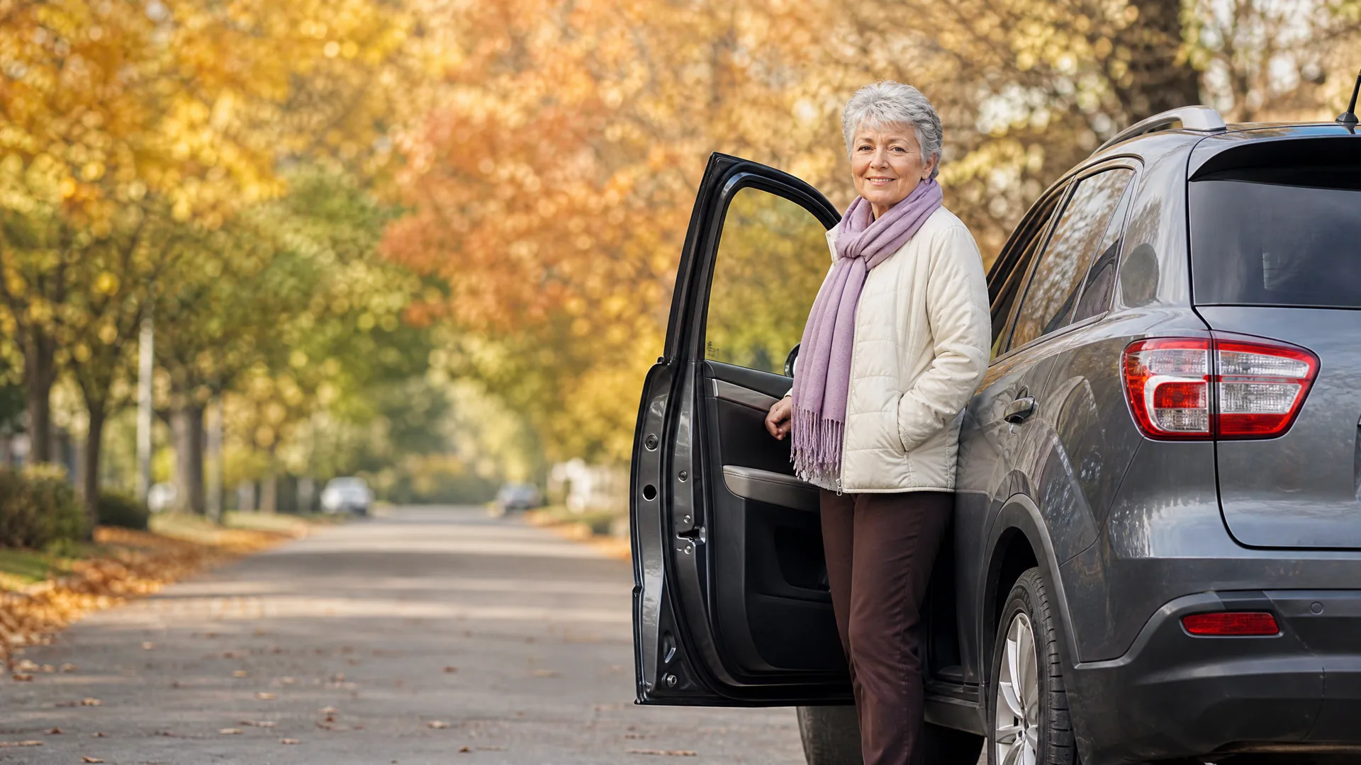 An older woman in a cream quilted jacket and lavender scarf stands beside the open rear door of a dark SUV on a tree-lined street with autumn foliage.
