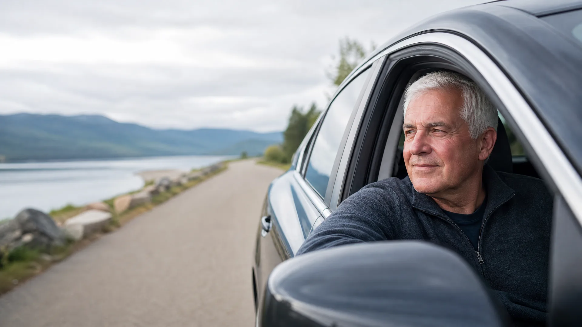 An older man with gray hair leans out the driver's window of a dark car parked on a paved road beside a lake, with forested hills under an overcast sky in the background.