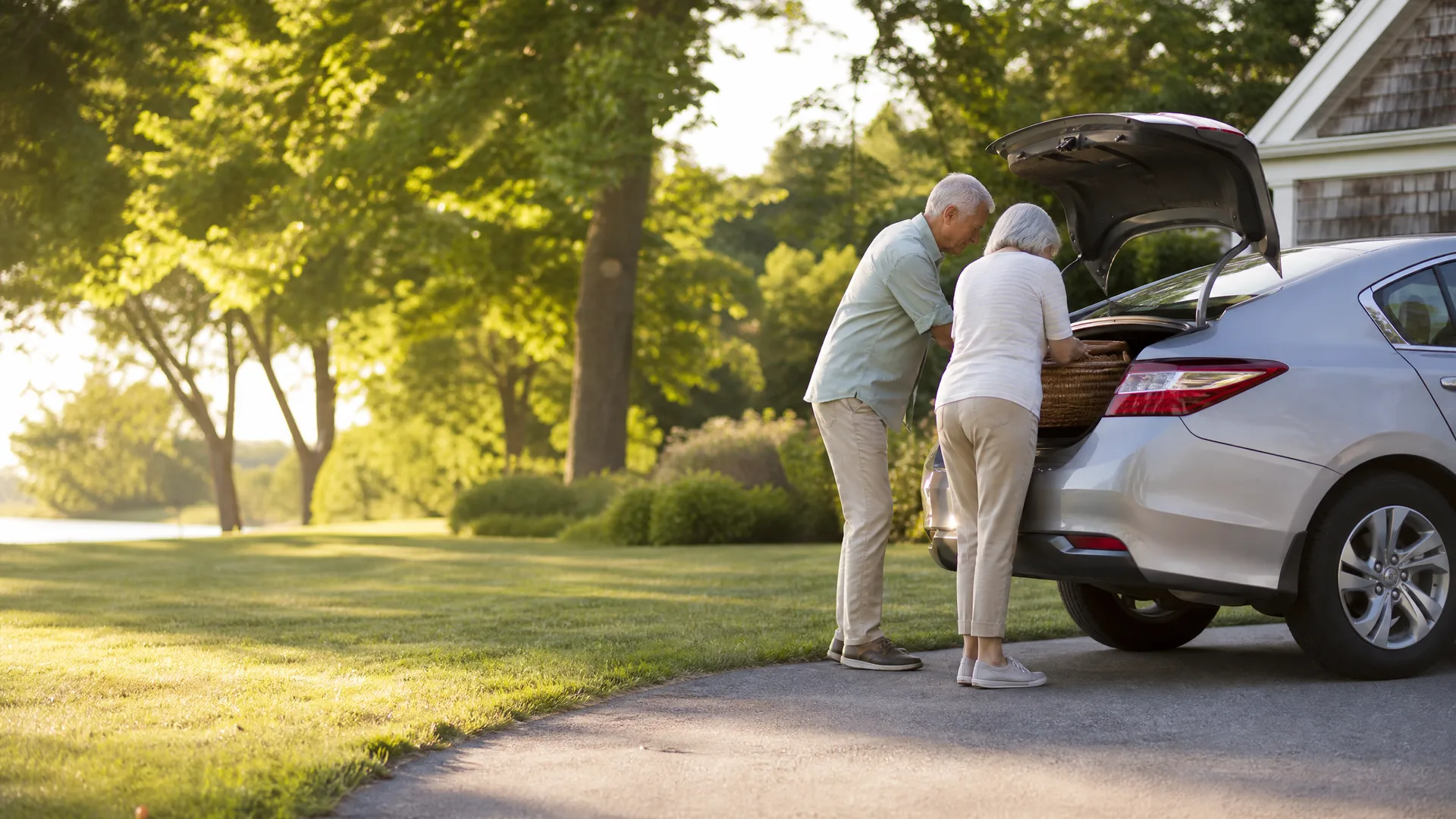 An older man and woman load a wicker basket into the open trunk of a silver sedan parked on a driveway beside a lawn and leafy trees.