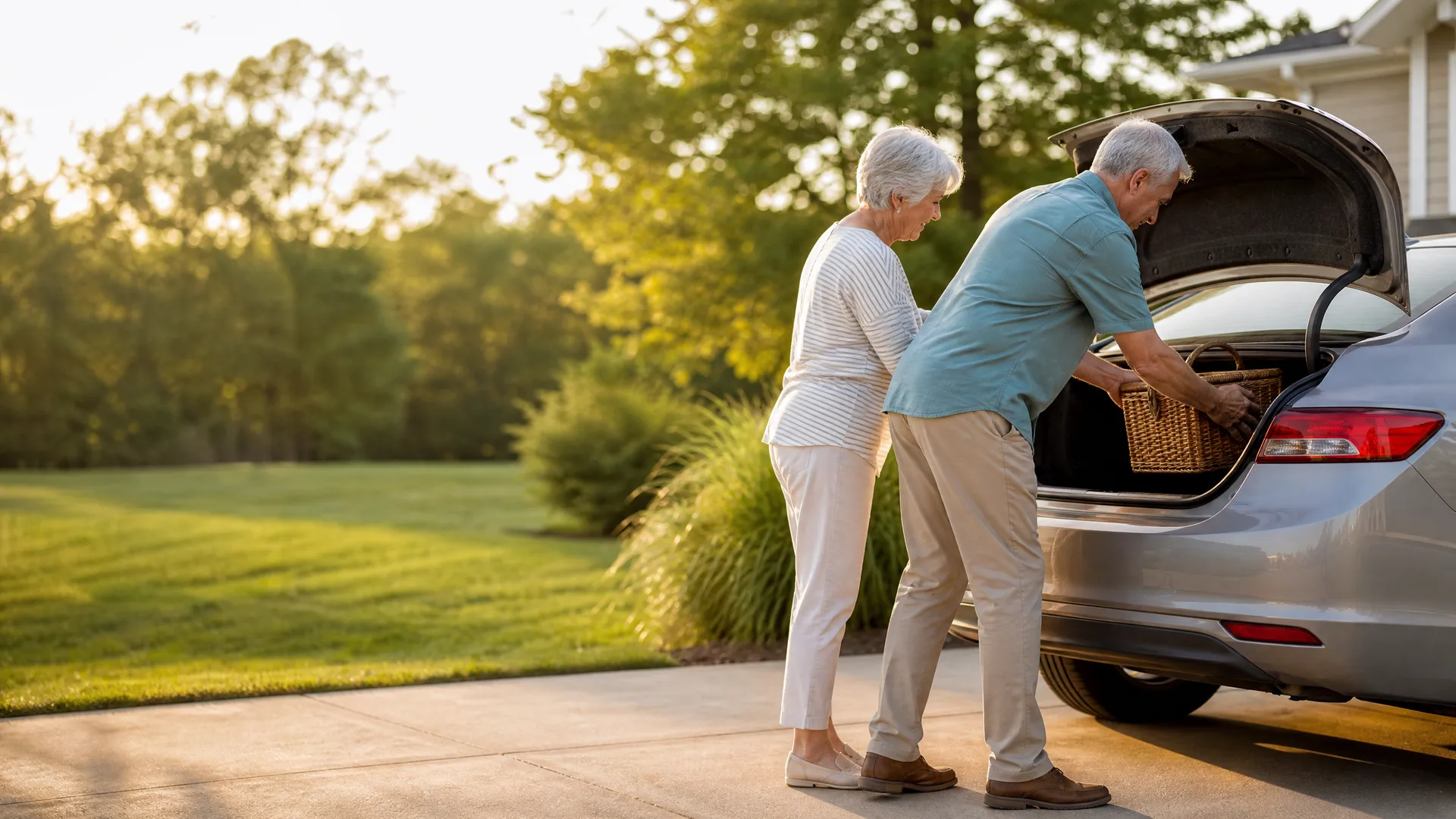An older man loads a wicker basket into the open trunk of a silver car in a driveway while an older woman stands beside him, with a lawn and trees in the background.