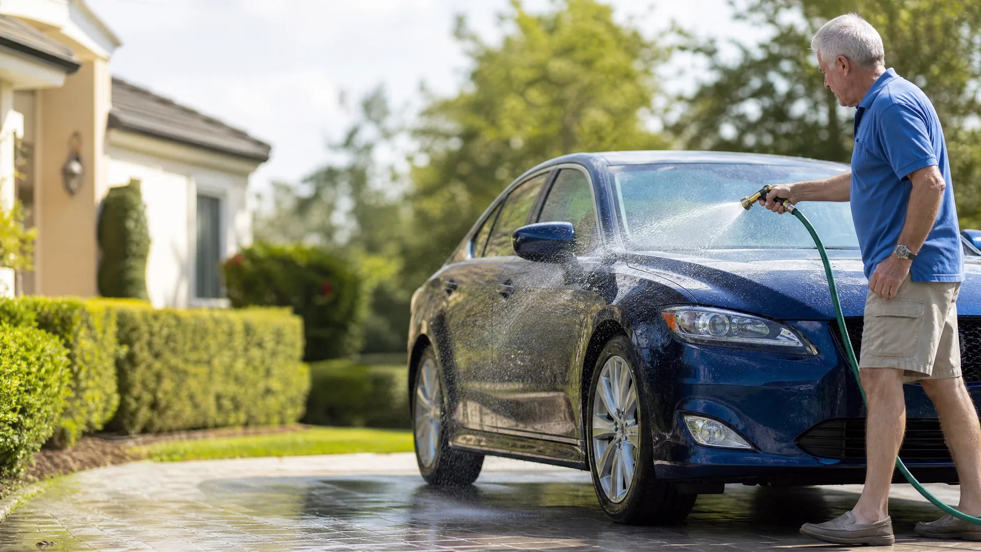 A man in a blue polo shirt and tan shorts sprays a dark blue sedan with a garden hose on a paved driveway, with a light-colored stucco house and trimmed hedges in the background.
