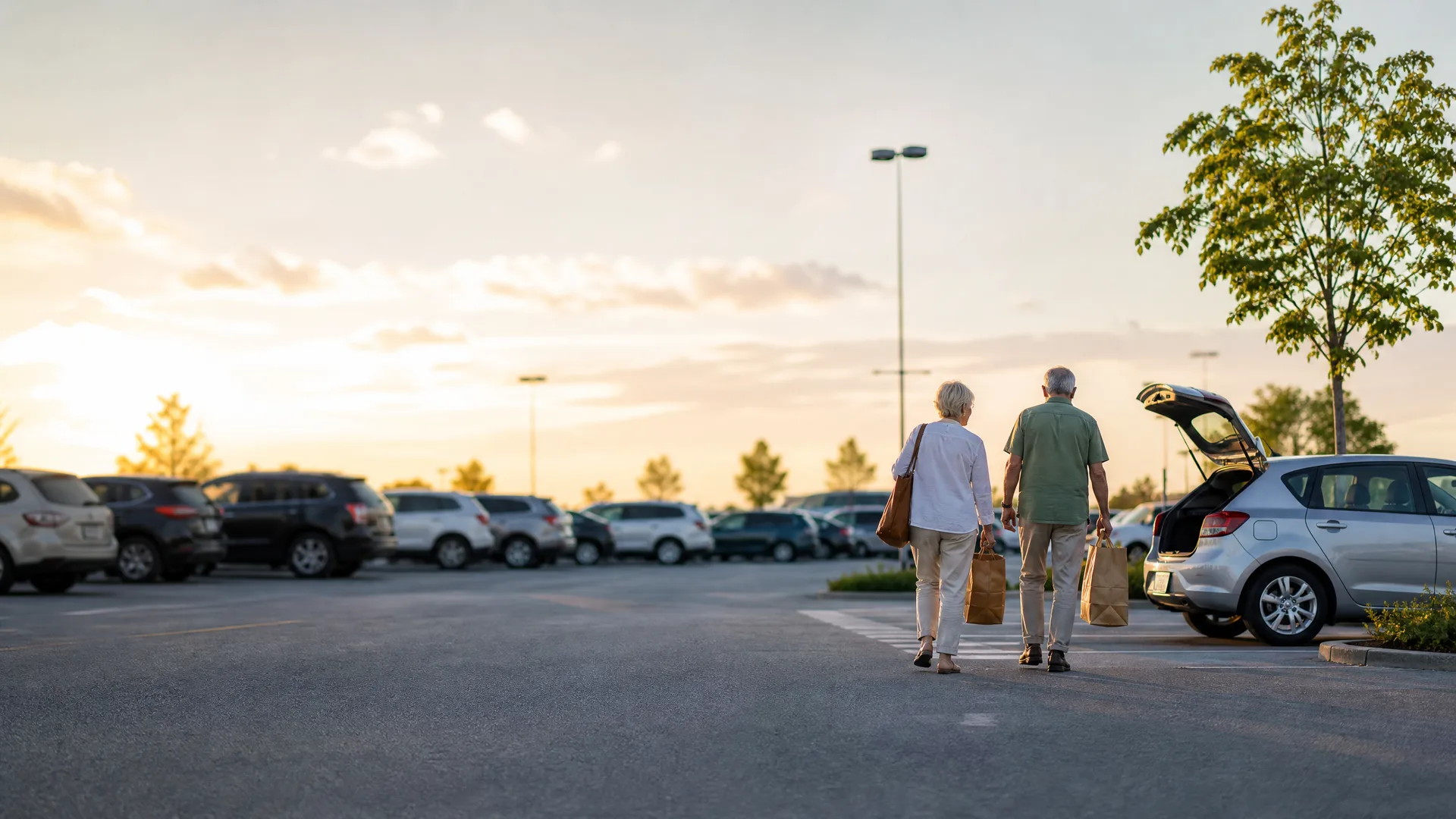 An older couple carrying paper shopping bags walks across a parking lot toward a silver hatchback with its rear hatch open, with rows of parked cars, light poles and trees under a hazy sunset sky.