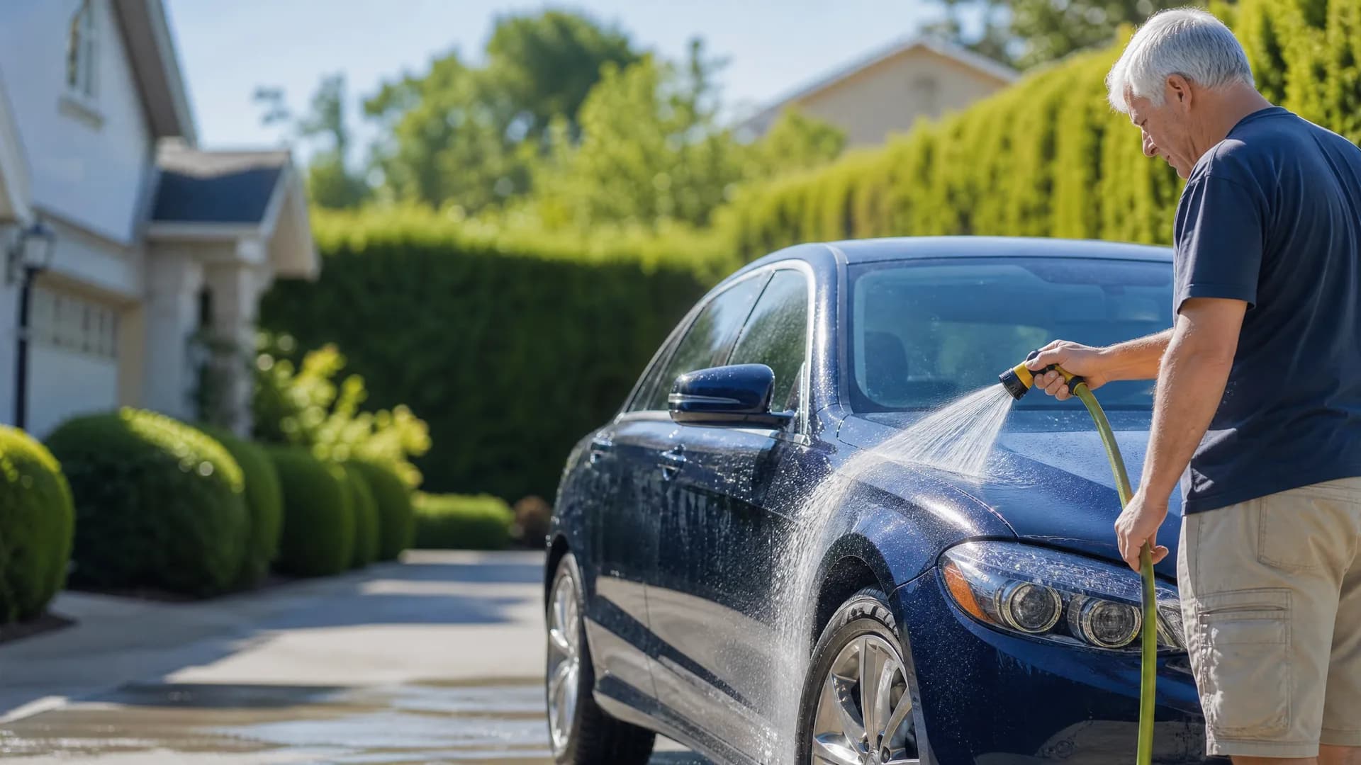 A gray-haired man in a navy shirt and khaki shorts sprays water from a hose nozzle onto a dark blue sedan on a driveway, with a tall hedge and a light-colored house behind.