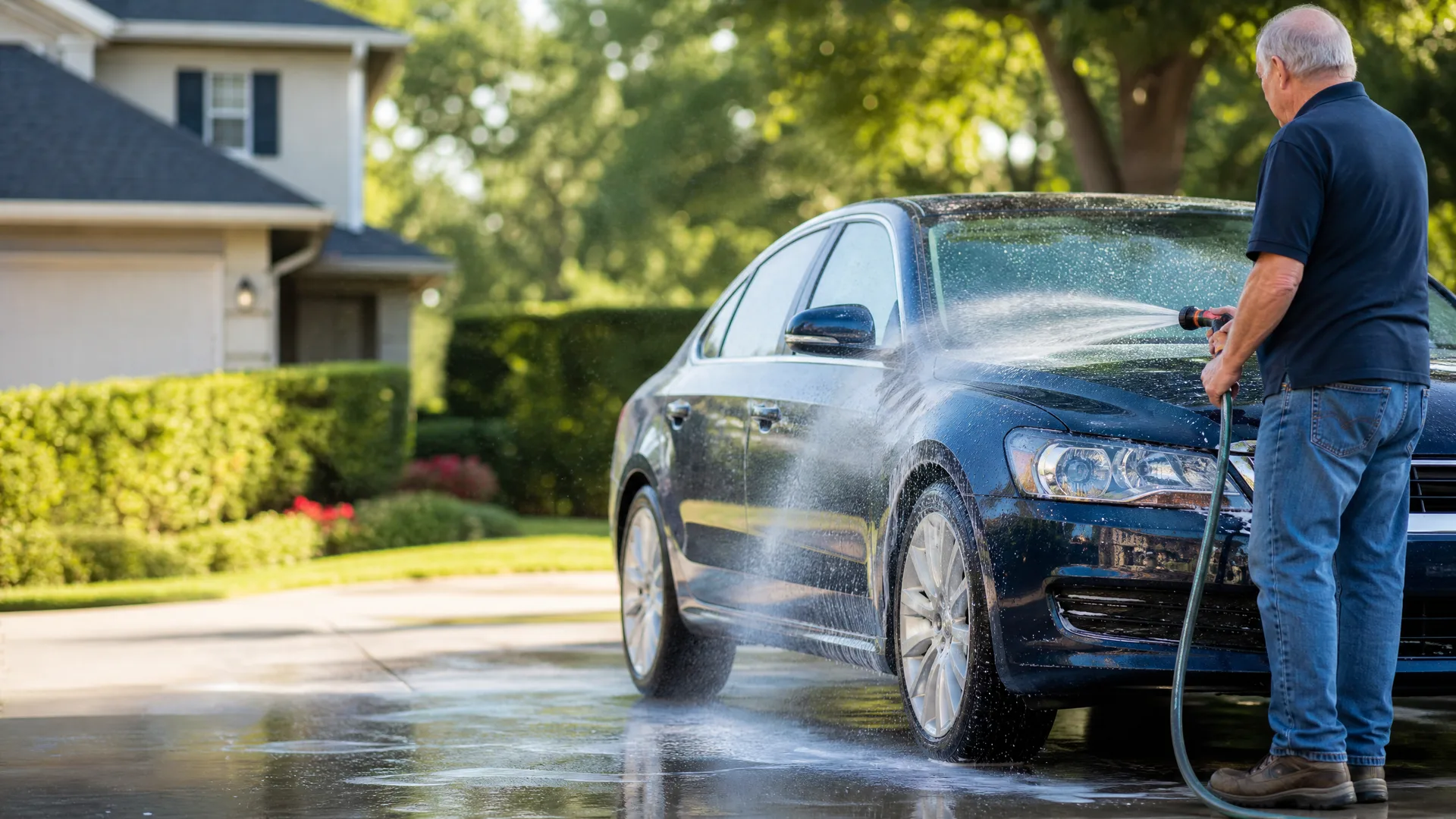A man in a dark polo shirt and jeans sprays water from a hose nozzle onto a dark blue sedan parked on a wet driveway in front of a house with hedges and trees.