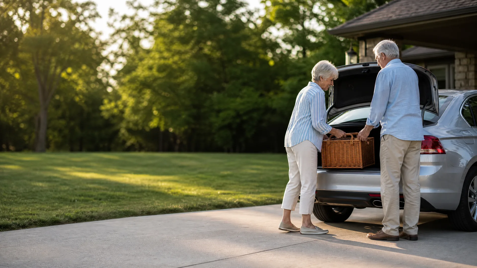 An older woman and man load a wicker basket into the open trunk of a silver car parked on a concrete driveway beside a house, with a lawn and green trees behind them.