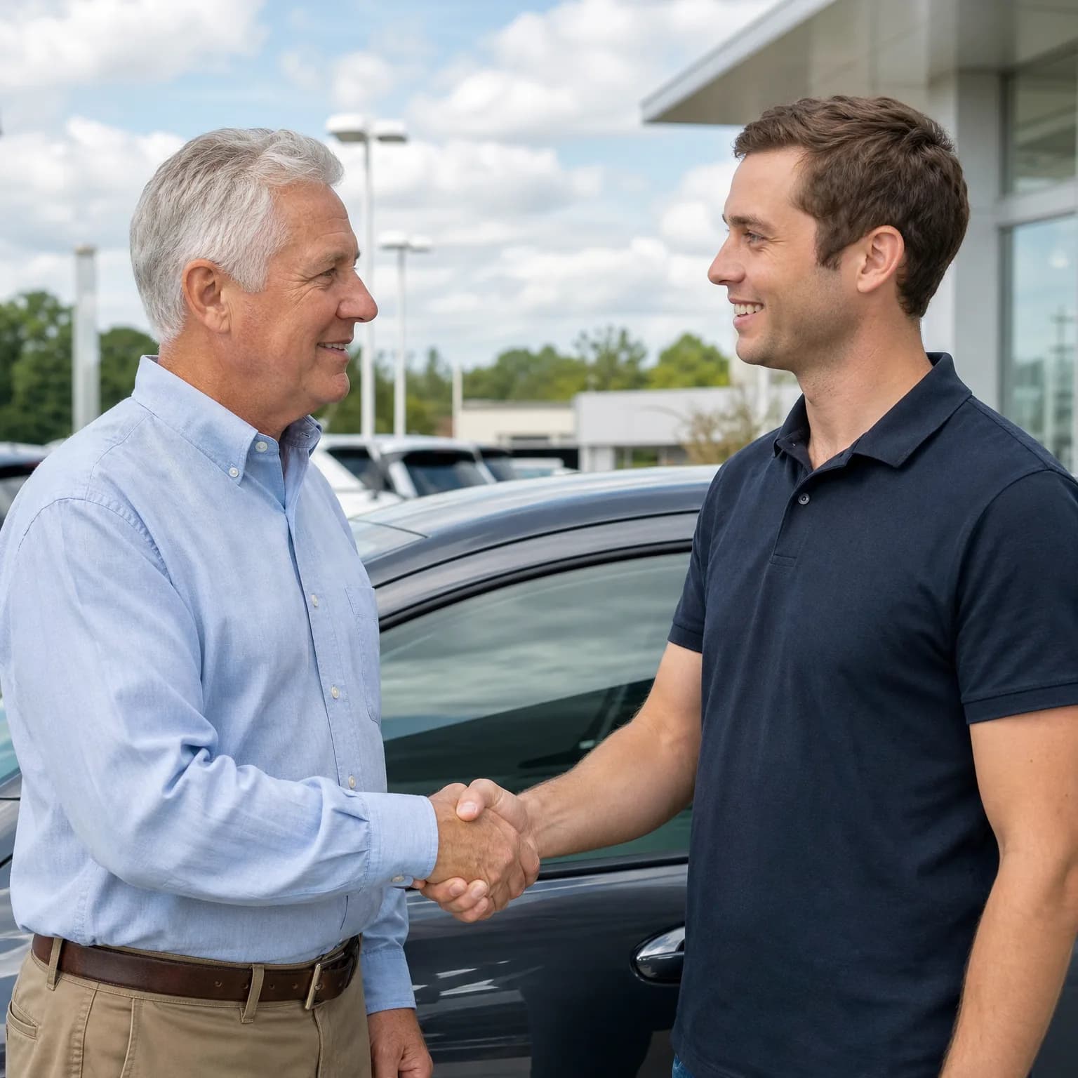 Two men shake hands outdoors beside a dark sedan, with a glass-fronted building and parked vehicles in the background.
