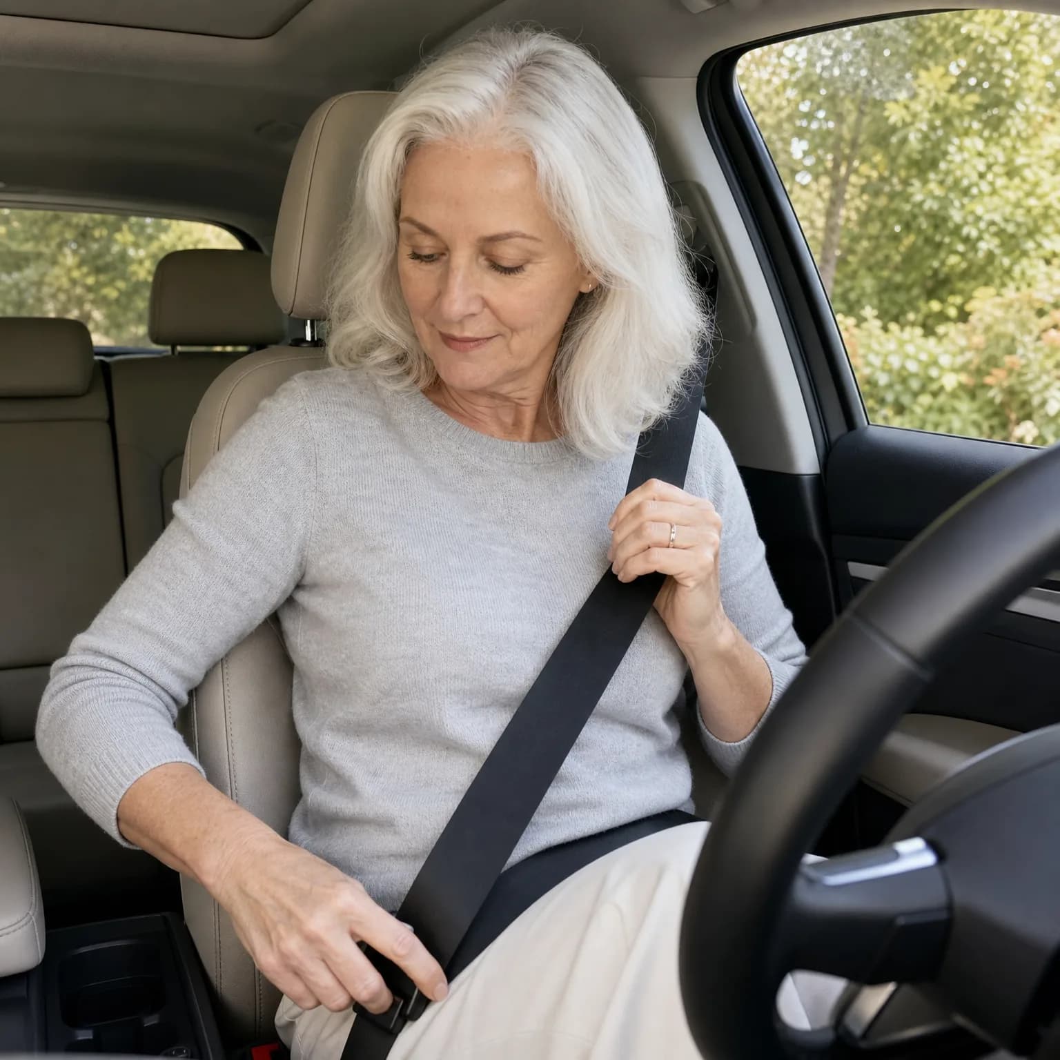 A woman with white hair in a grey sweater sits in a car's driver seat, holding the seat belt with one hand and guiding the buckle with the other, with green trees visible through the window.