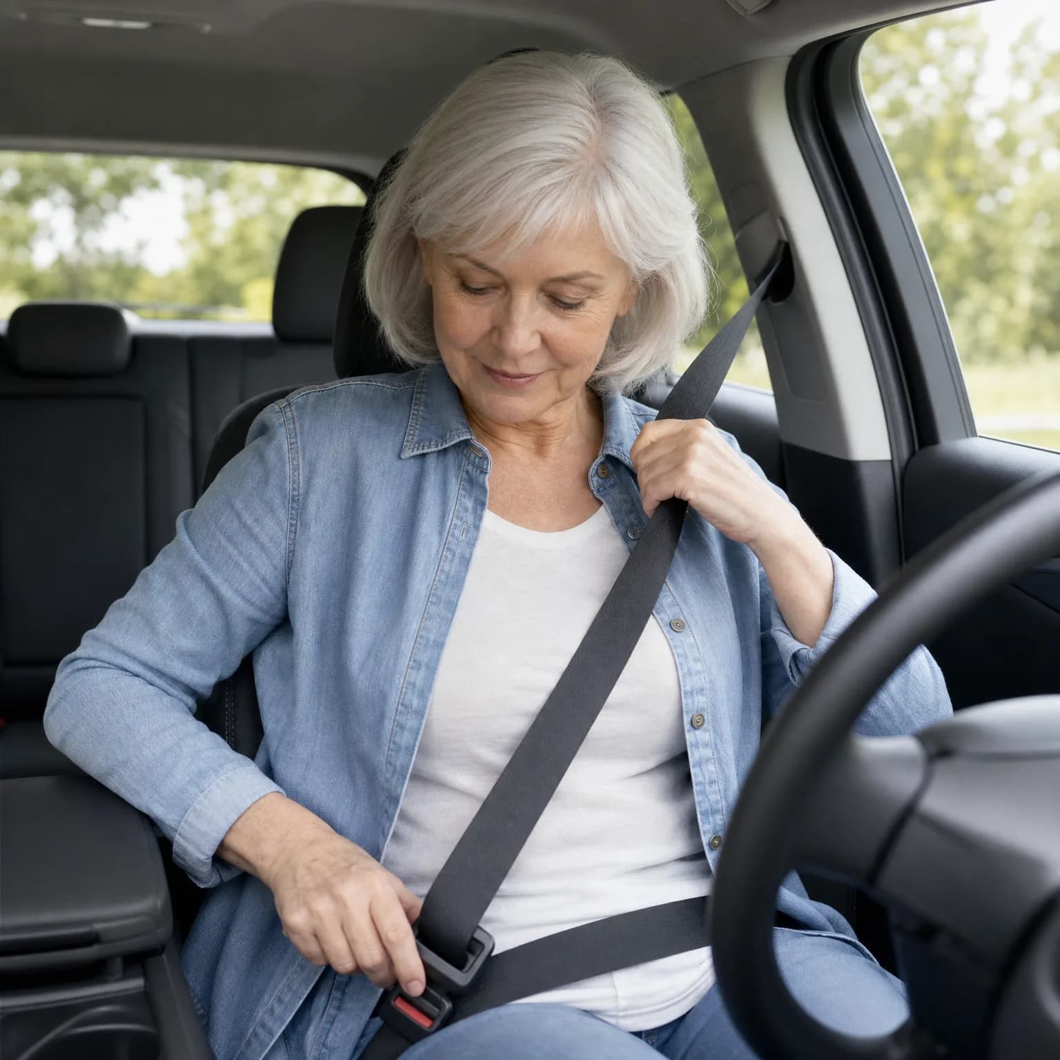 An older woman with white hair in a denim shirt sits in a car's driver seat and fastens her seat belt, with green trees visible through the windows.