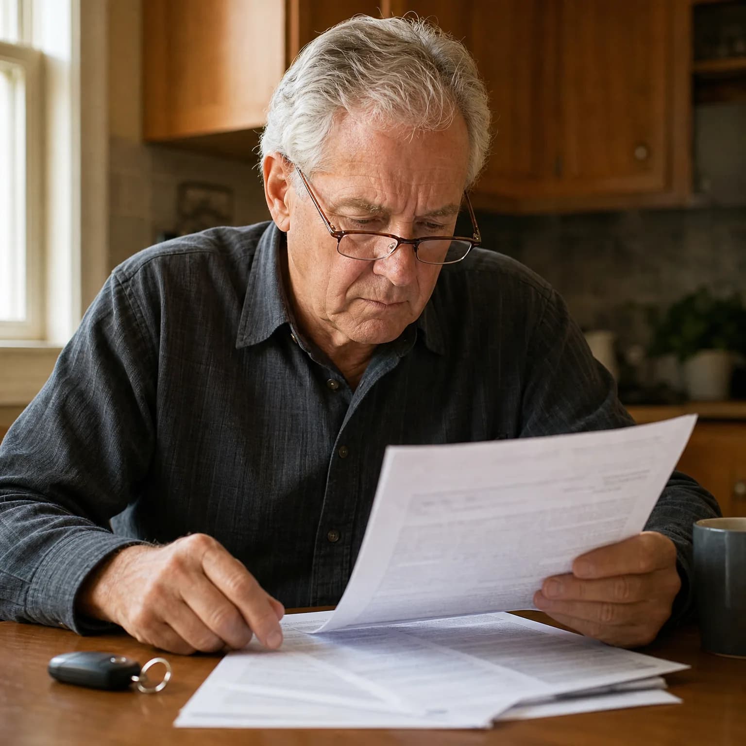 An older man with gray hair and glasses sits at a wooden kitchen table reading printed documents, with car keys and a mug nearby.