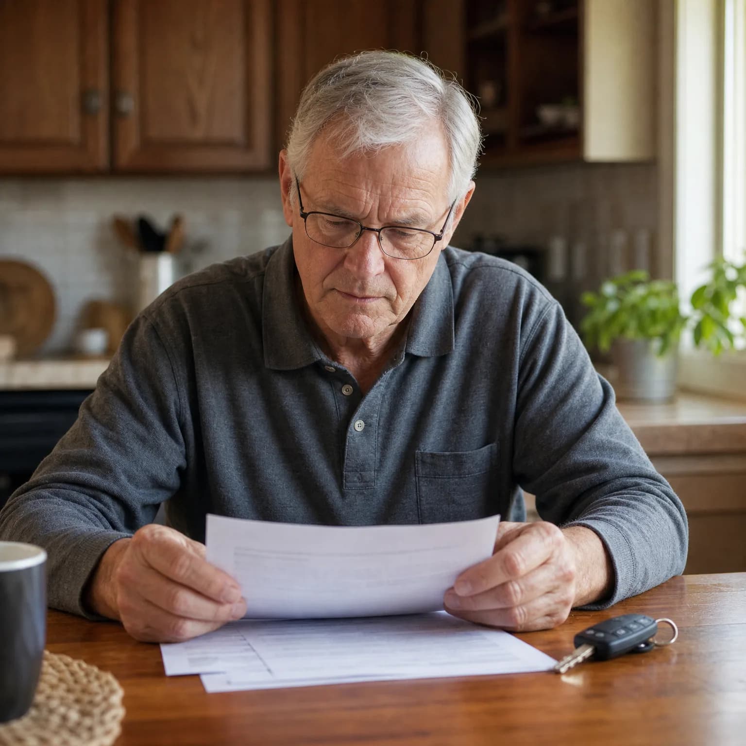 An older man with glasses and a gray polo shirt sits at a wooden kitchen table reading a printed document, with more papers, a car key fob, and a dark mug on the table.
