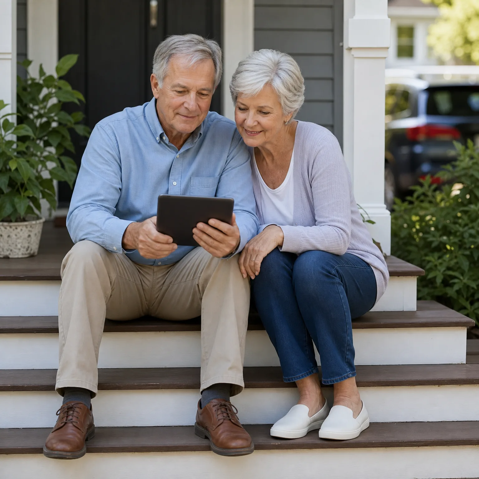 An older man and woman sit together on the front steps of a house, looking at a tablet he is holding, with potted plants, shrubs and a parked vehicle in the background.