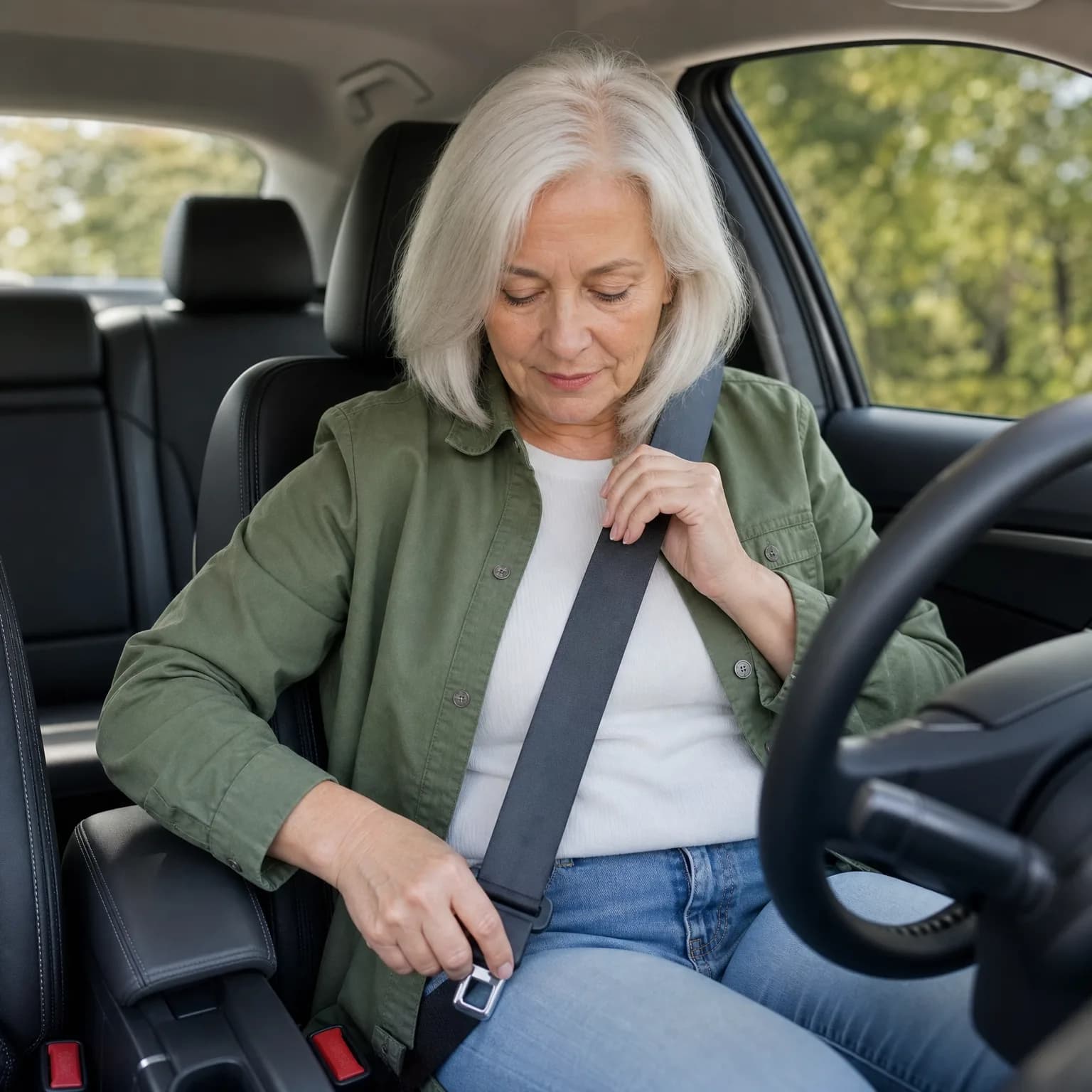 An older woman with white hair, wearing a green jacket over a white top and jeans, sits in a car's driver seat fastening her seat belt, with green trees visible through the window.