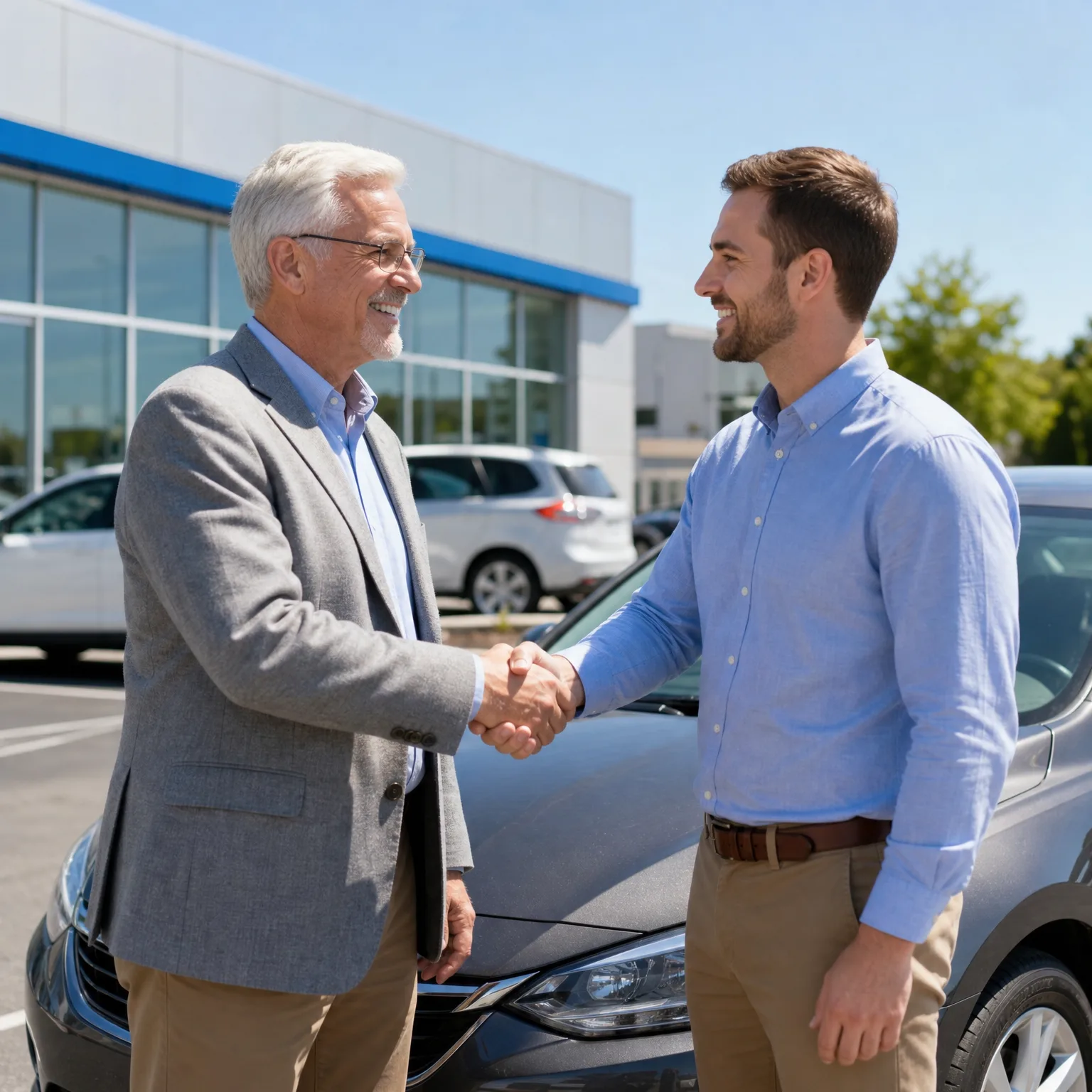 Two men shake hands outdoors in front of a dark parked car, with a glass-fronted building and other vehicles in the background.