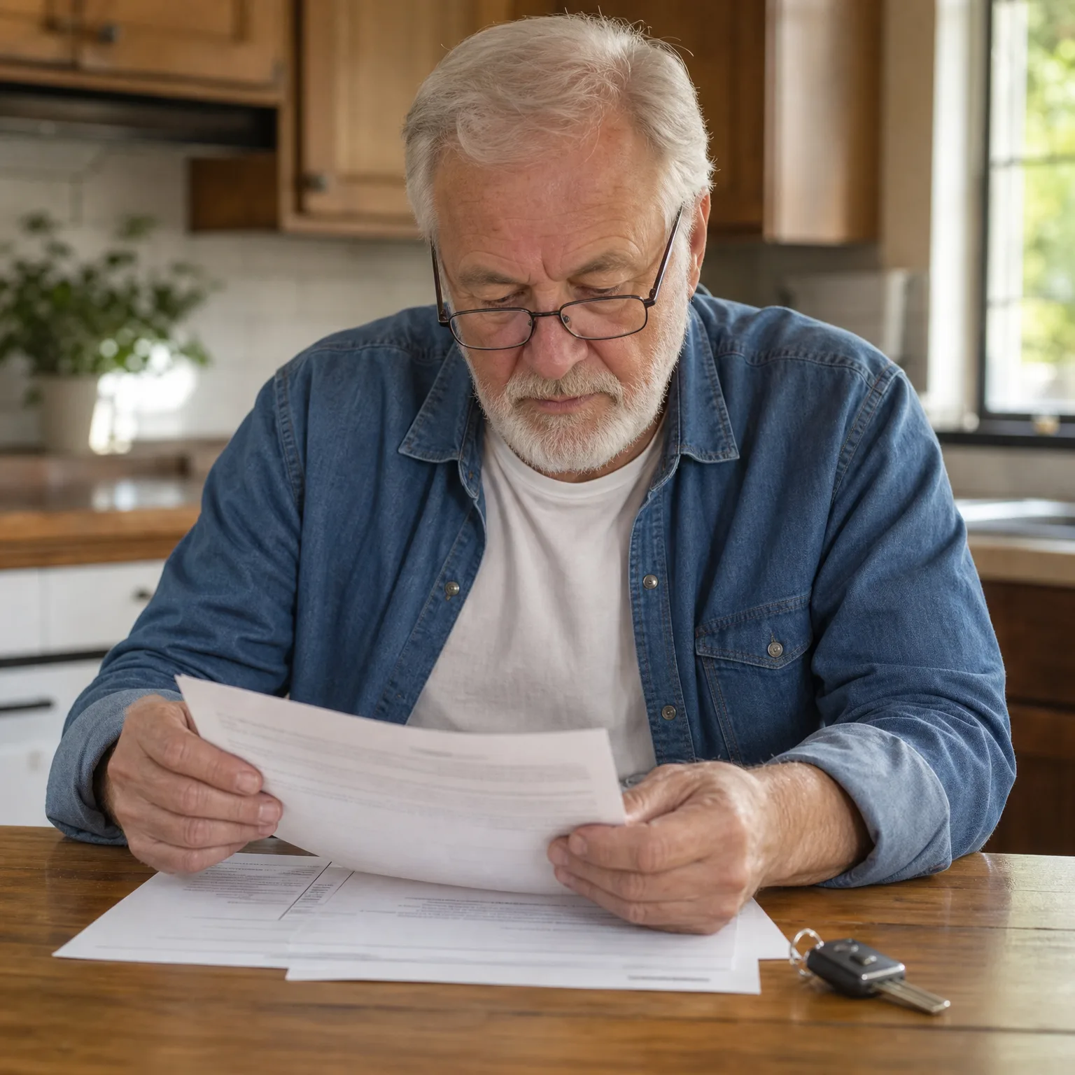 An older man with white hair and beard, wearing glasses, a blue denim shirt and white T-shirt, reads a printed document at a wooden kitchen table where more papers and a car key fob lie.