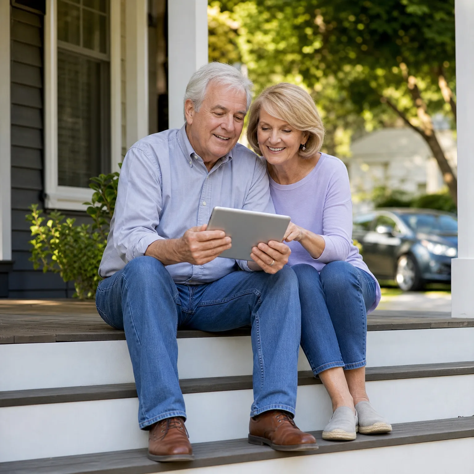 An older man and woman sit together on the front steps of a house, looking at a tablet the man is holding, with a parked car and trees in the background.
