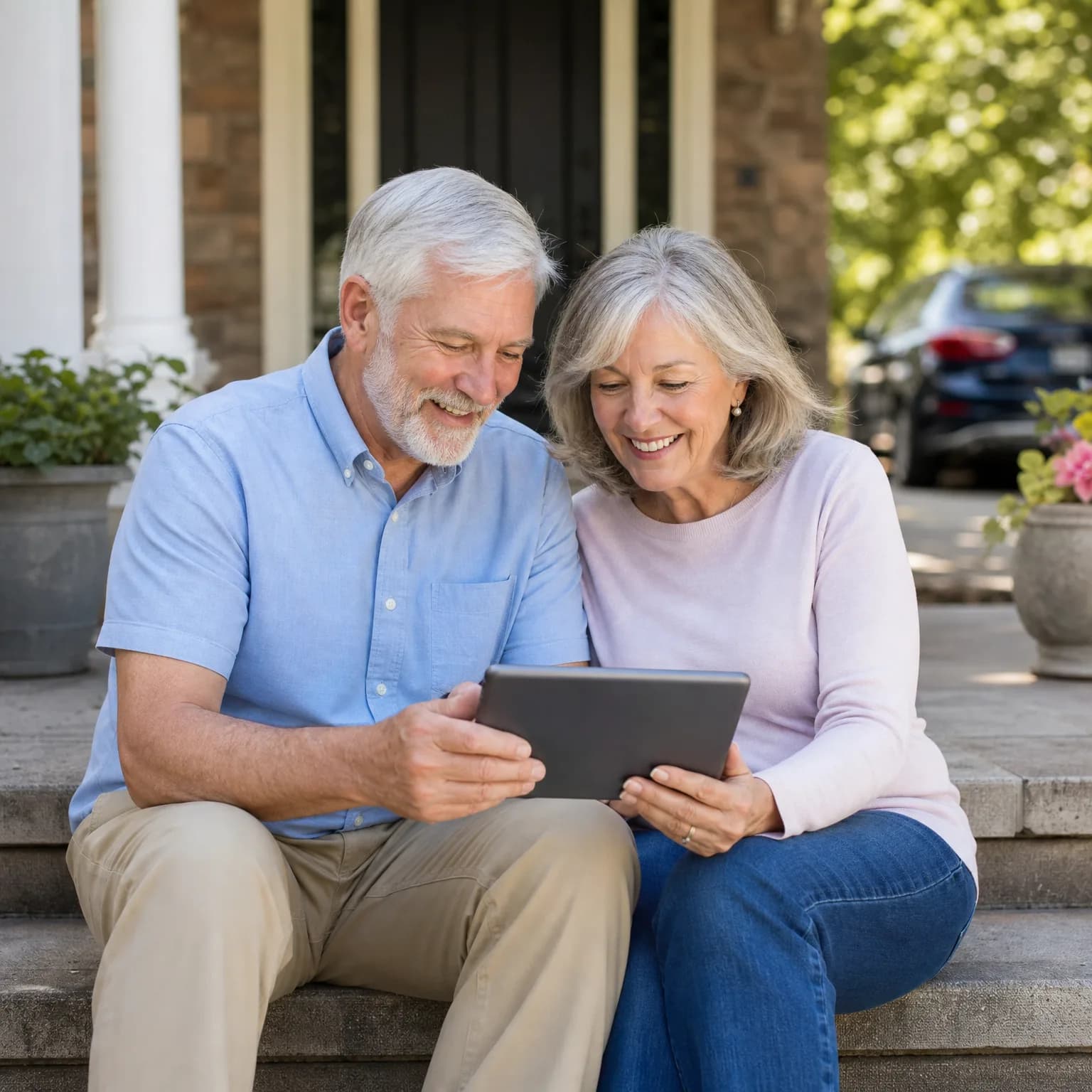 An older man in a light blue shirt and an older woman in a pink sweater sit together on concrete front steps of a stone house, smiling at a tablet they hold between them, with potted plants and a dark car in the background.