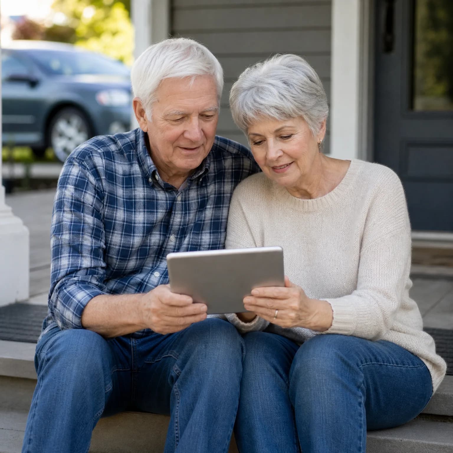 An older man in a blue plaid shirt and an older woman in a cream sweater sit together on concrete steps outside a house, both looking at a tablet they hold between them, with a parked car blurred in the background.