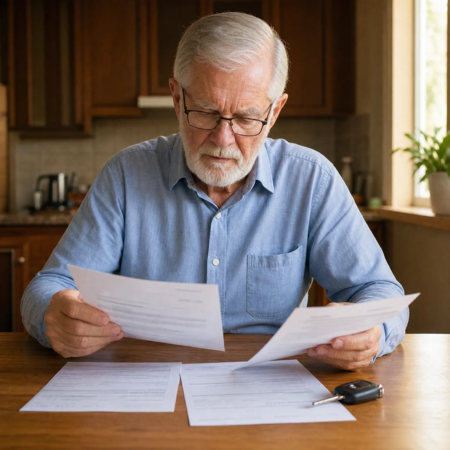 An older man with white hair, beard and glasses sits at a wooden kitchen table holding two printed documents, with more papers and a car key fob on the table in front of him.