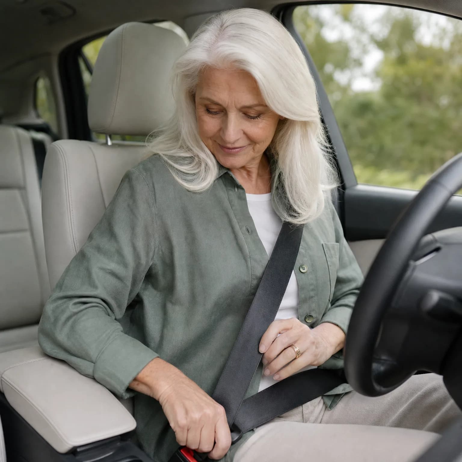 An older woman with long white hair, wearing a green shirt over a white top, sits in a car's driver seat and fastens her seat belt, with green trees visible through the window.