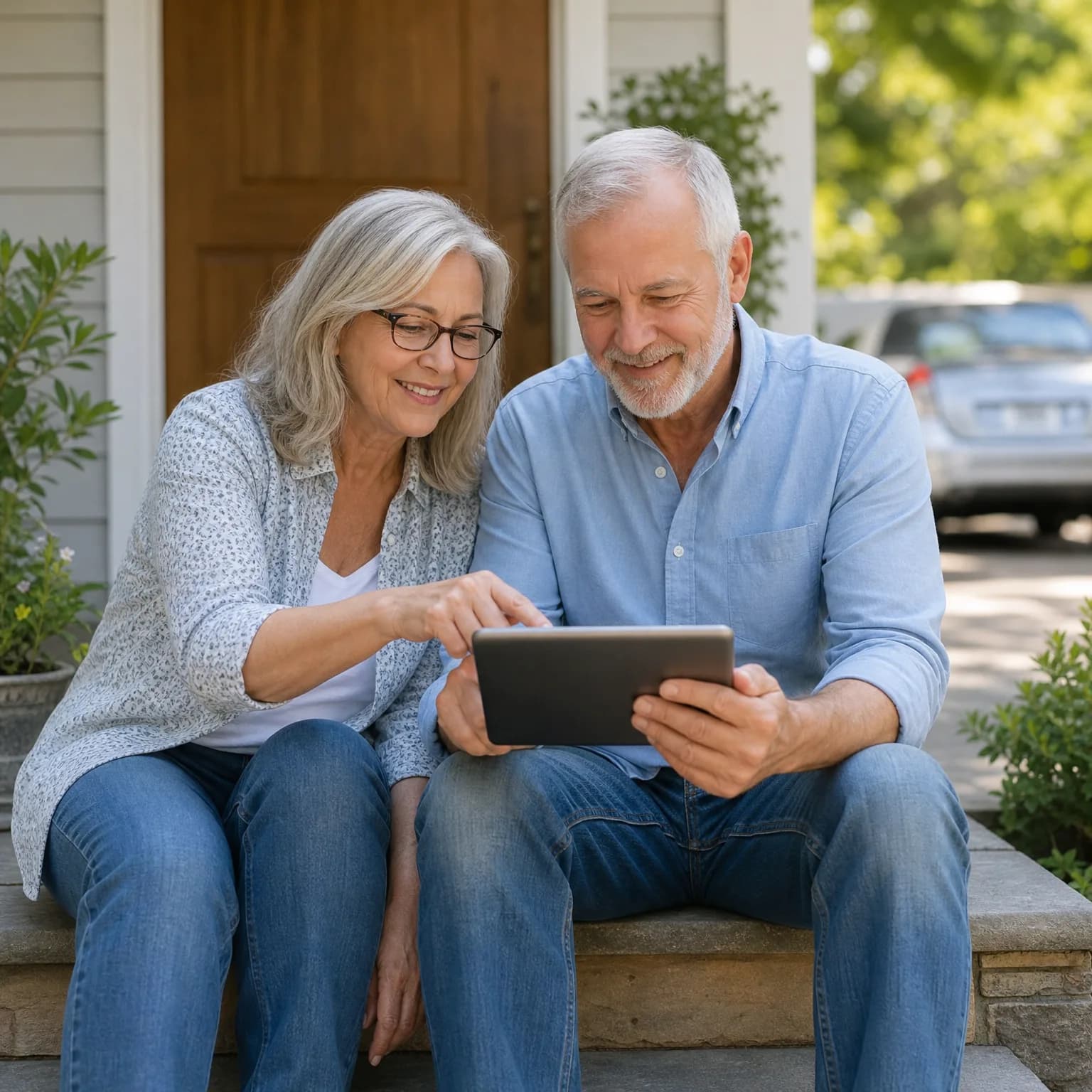 An older woman and man sit together on stone front steps of a house, looking at a tablet the man holds, with a parked car and greenery in the background.