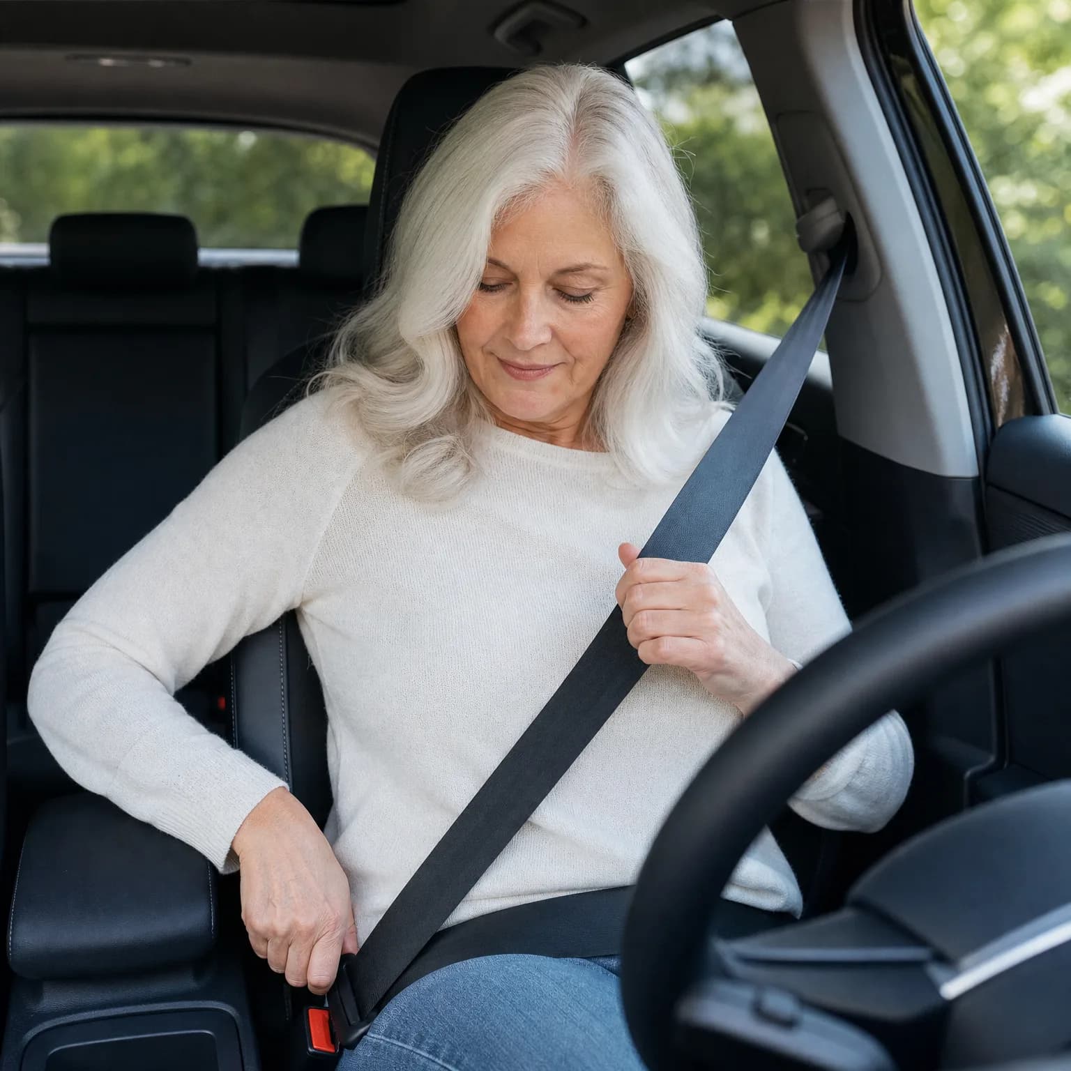 A woman with long white hair in a cream sweater and jeans sits in a car's driver seat, holding the seatbelt across her chest with green foliage visible through the windows.